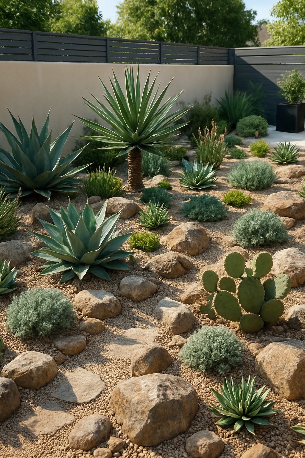 A backyard rock garden with drought-resistant plants such as succulents and cacti arranged among natural stones and gravel pathways.