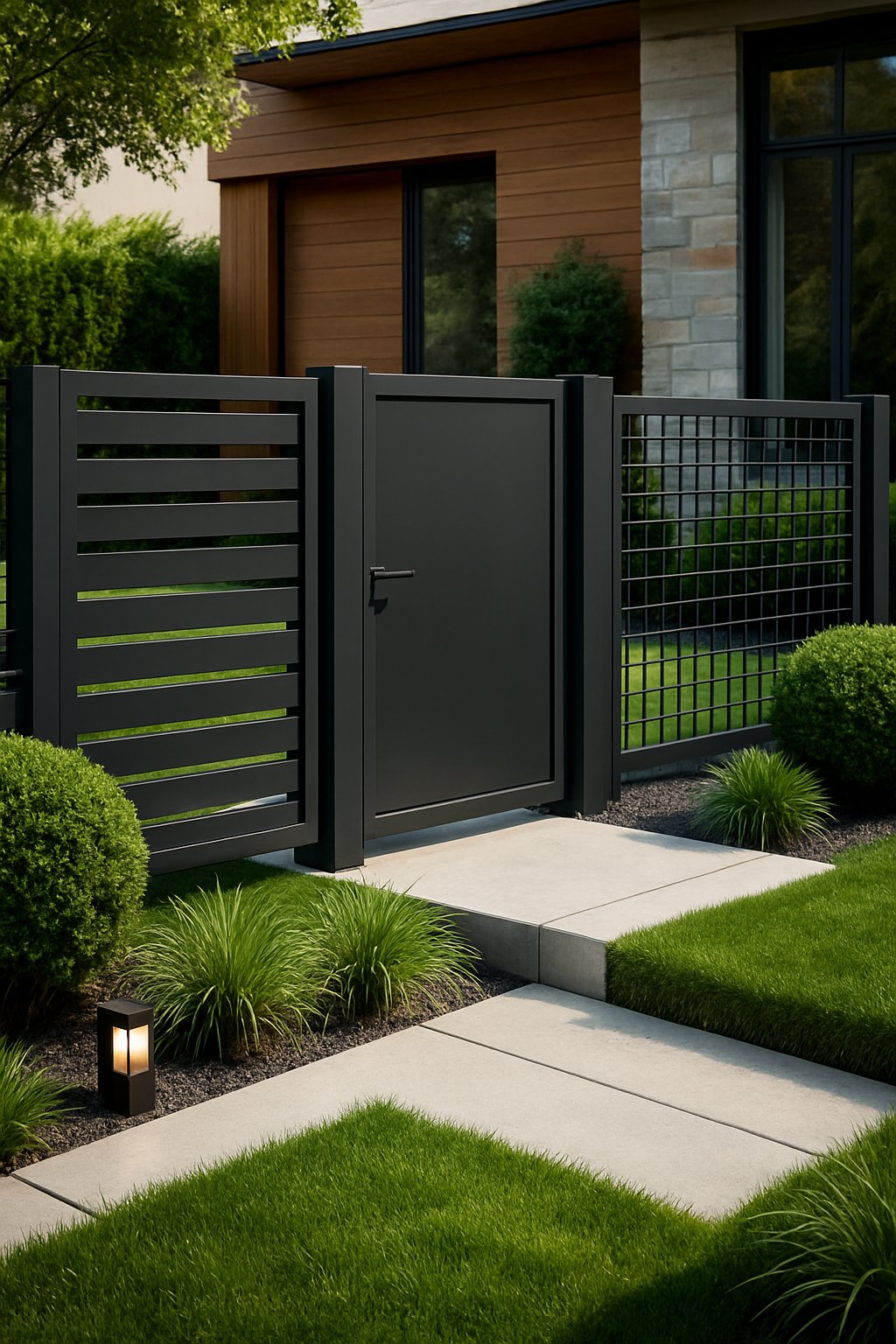 A modern front yard with industrial-style metal fences, green lawns, shrubs, concrete pathways, and a contemporary house in the background.