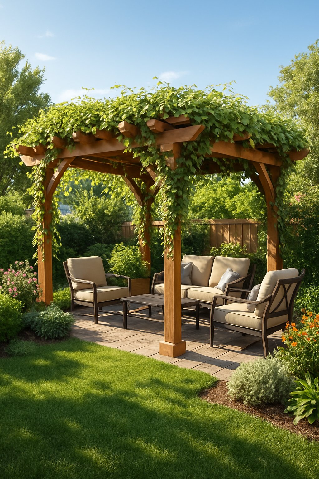 A backyard with a wooden pergola covered in climbing vines providing shade over a seating area surrounded by plants and grass.