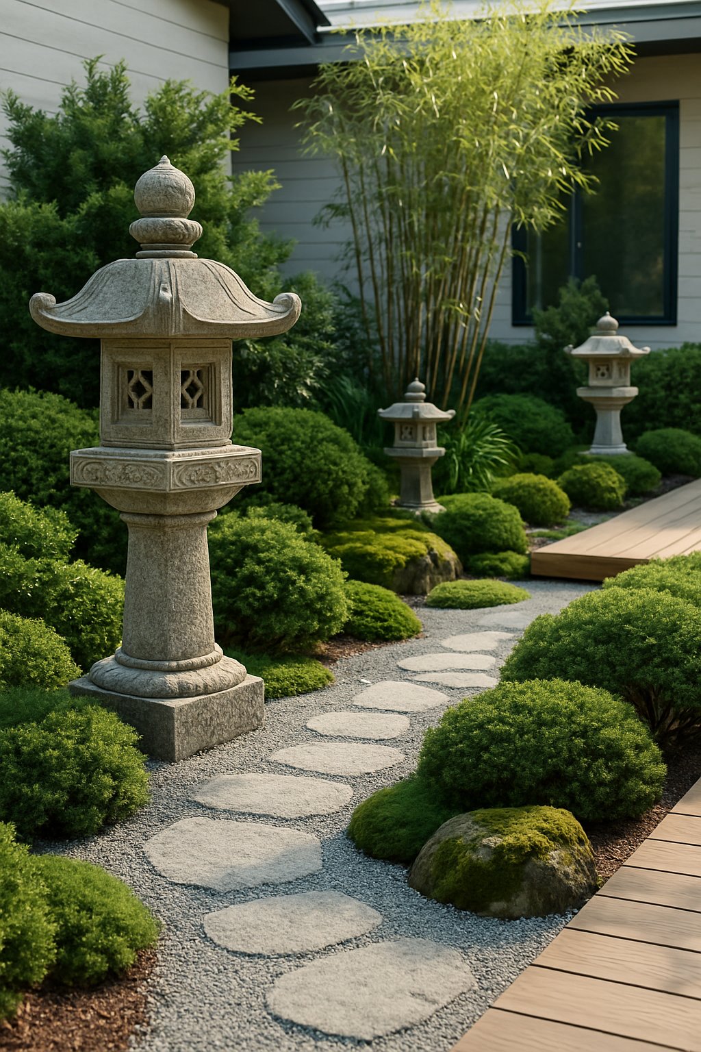 A modern front yard with Japanese-style stone lanterns surrounded by green plants, gravel paths, and wooden decking.