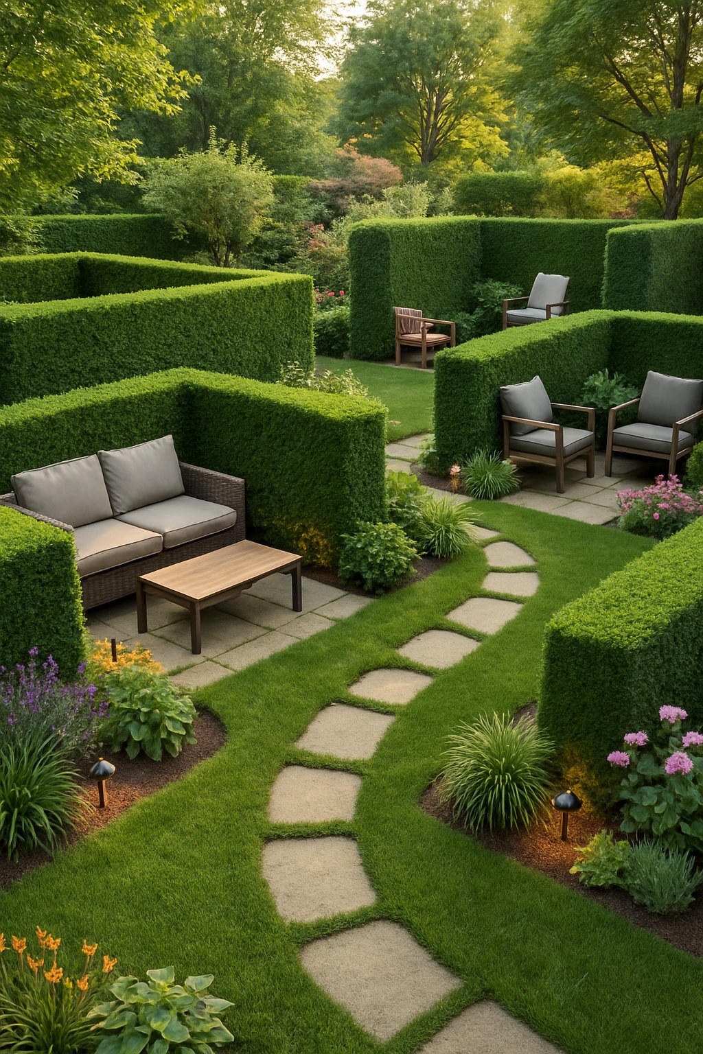 A backyard with several private garden rooms made from trimmed hedges, stone paths, green lawns, and colorful flowering plants.