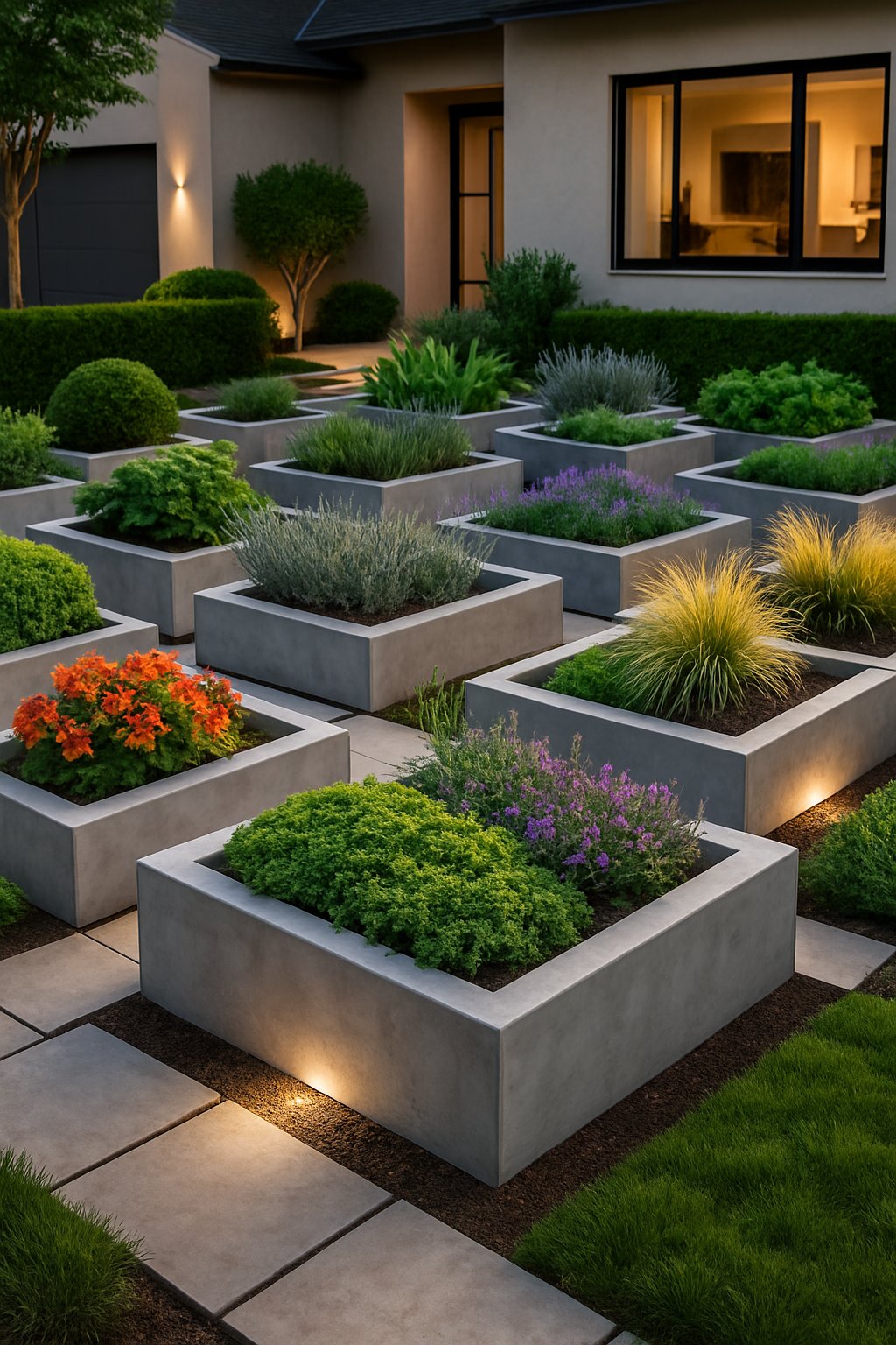 A modern front yard with 27 raised concrete garden beds filled with various green plants and flowers, surrounded by stone pathways and a contemporary house in the background.