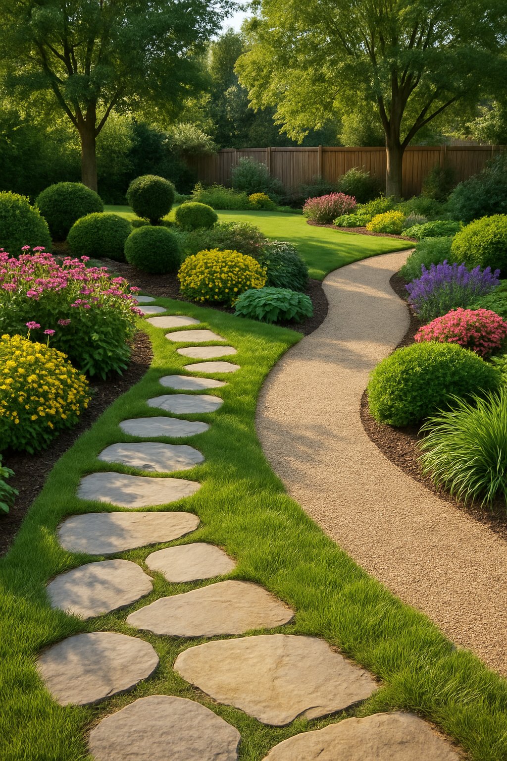 A backyard with winding natural stone and gravel pathways surrounded by green grass, flowering plants, shrubs, trees, and a wooden fence.