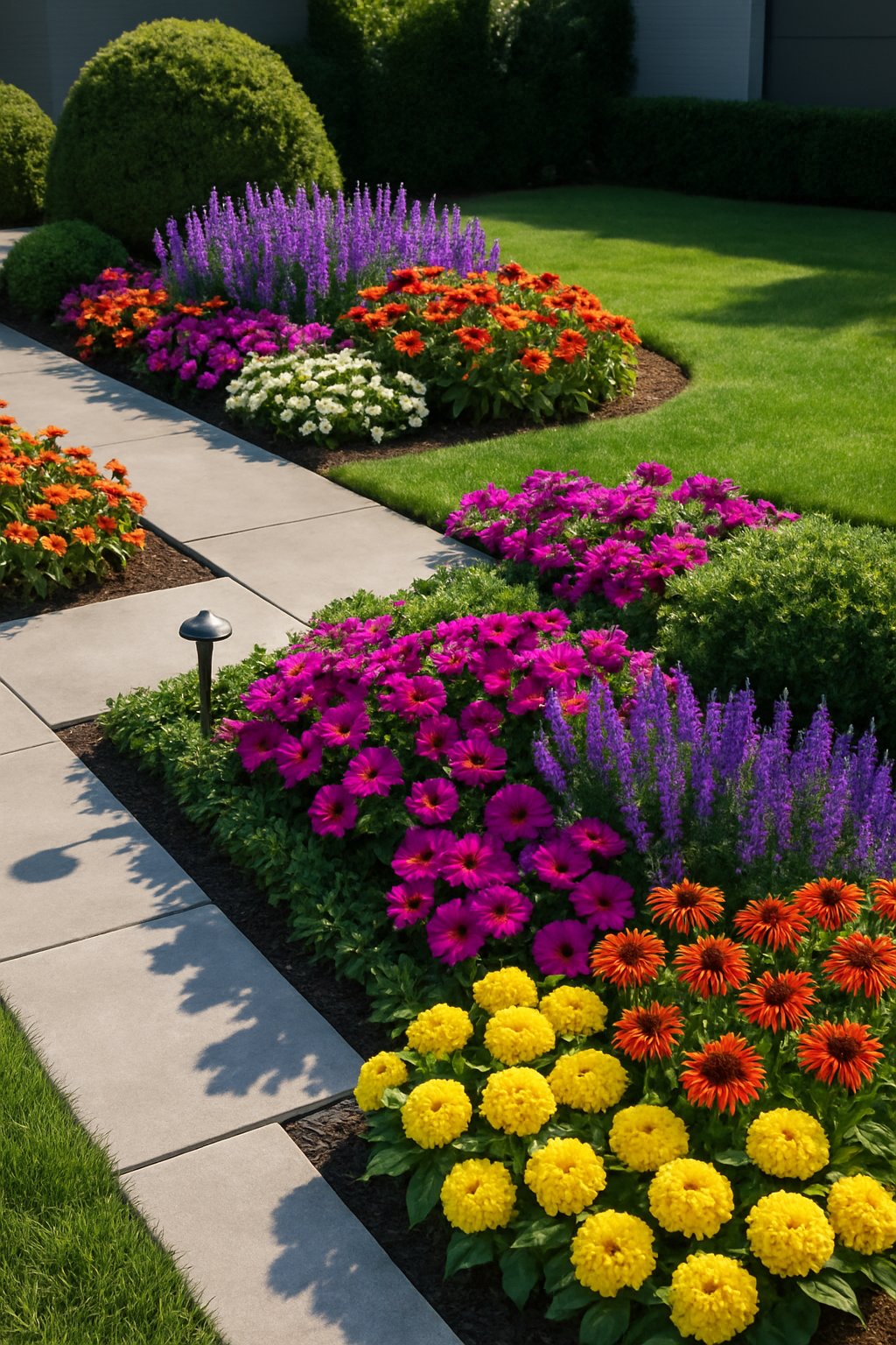A modern front yard with colorful seasonal flowers arranged in neat beds, surrounded by green grass, shrubs, and clean concrete pathways.