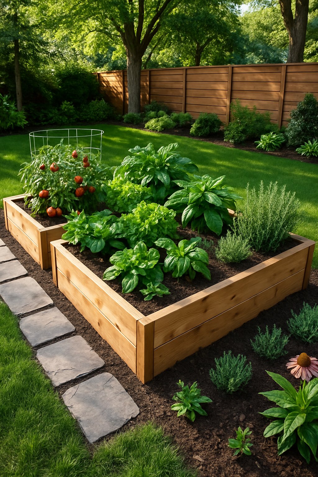 A backyard with raised wooden garden beds filled with various vegetables and herbs, surrounded by green grass, stone pathways, and trees.