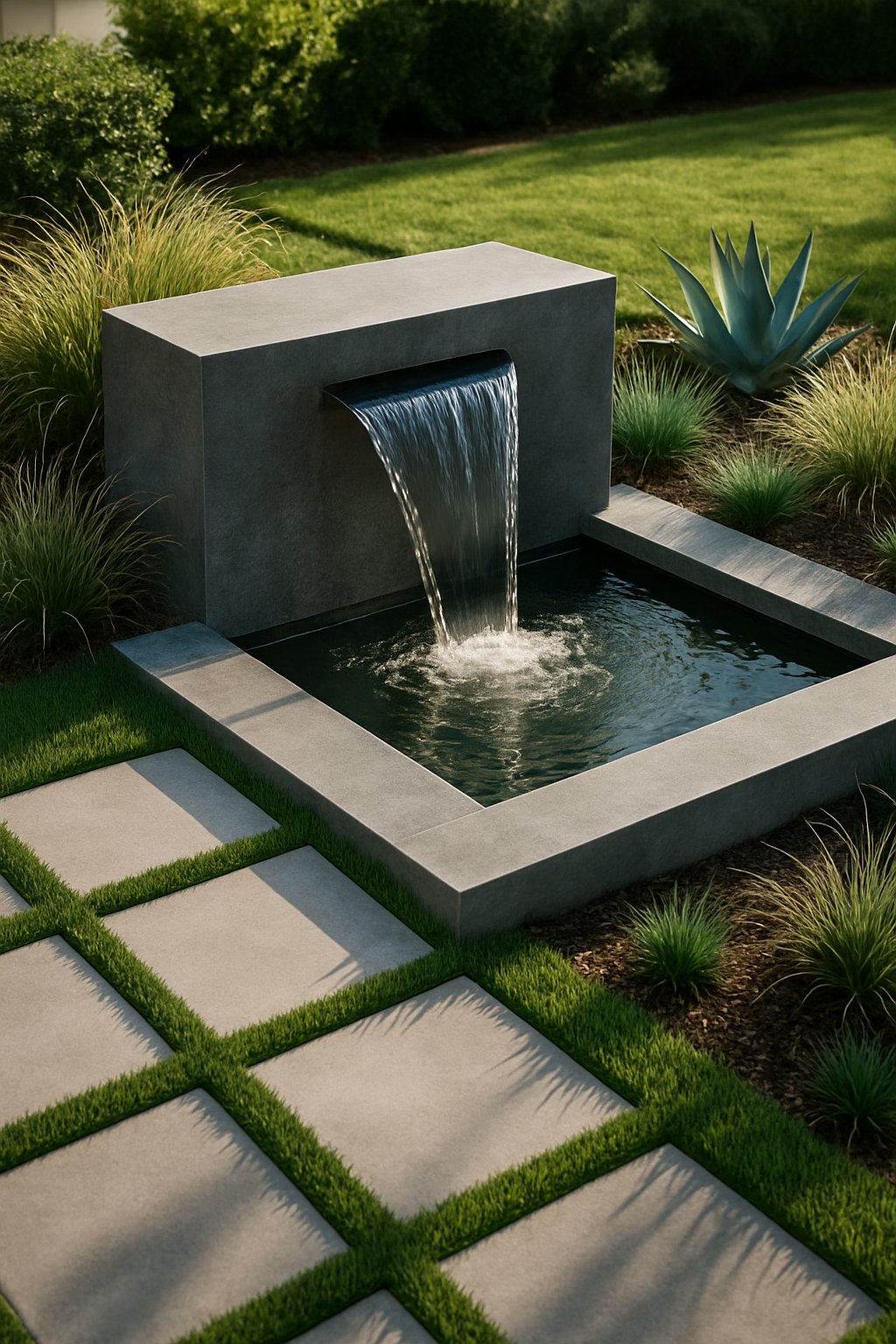 A modern front yard with a clean-lined water feature surrounded by green grass, concrete pavers, and ornamental plants.