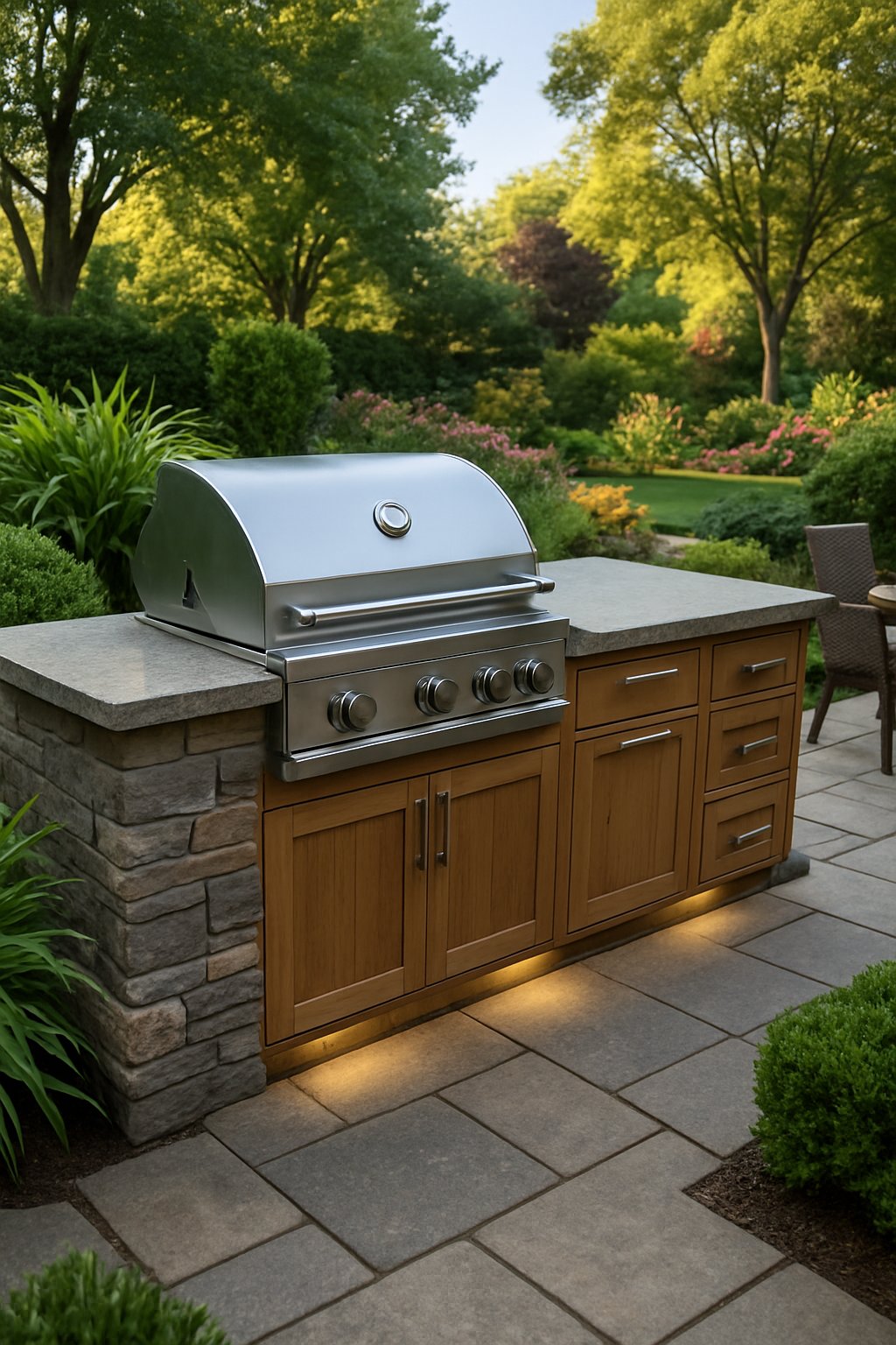 An outdoor kitchen with a stainless steel grill and stone countertop prep area surrounded by lush plants and garden landscaping in a backyard.