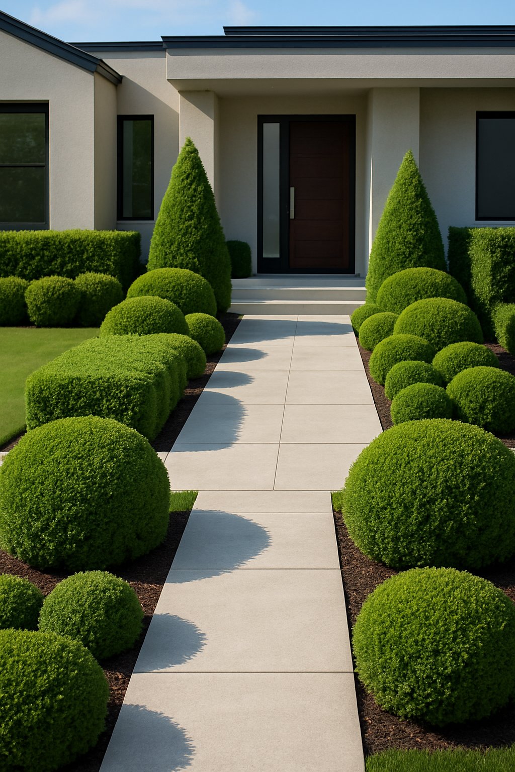 A modern front yard with symmetrical arrangements of neatly trimmed green shrubs along a clean pathway leading to a house entrance.