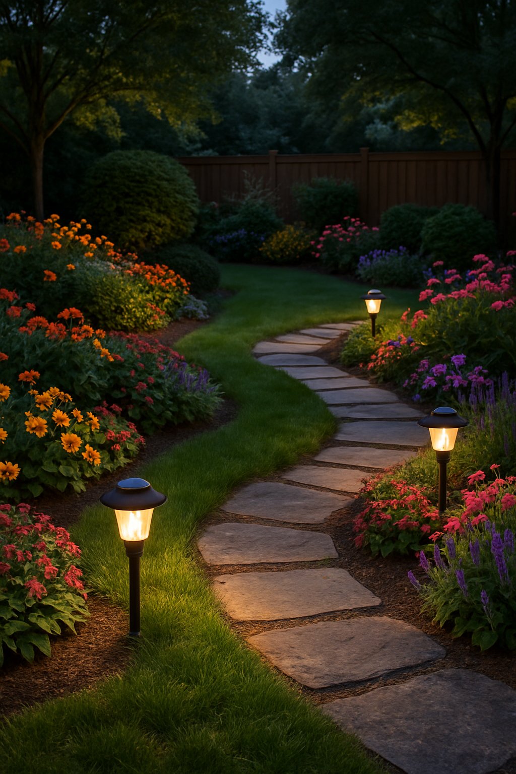 A backyard garden at dusk with solar-powered lights lining stone paths surrounded by green grass, colorful flowers, and trees.