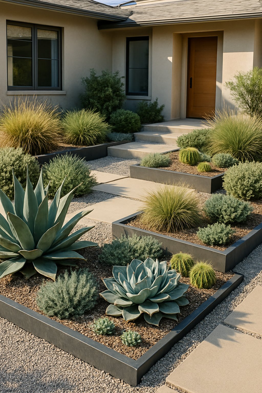 A modern front yard with drought-tolerant native plants, including succulents and ornamental grasses, arranged along stone pathways in front of a contemporary house.