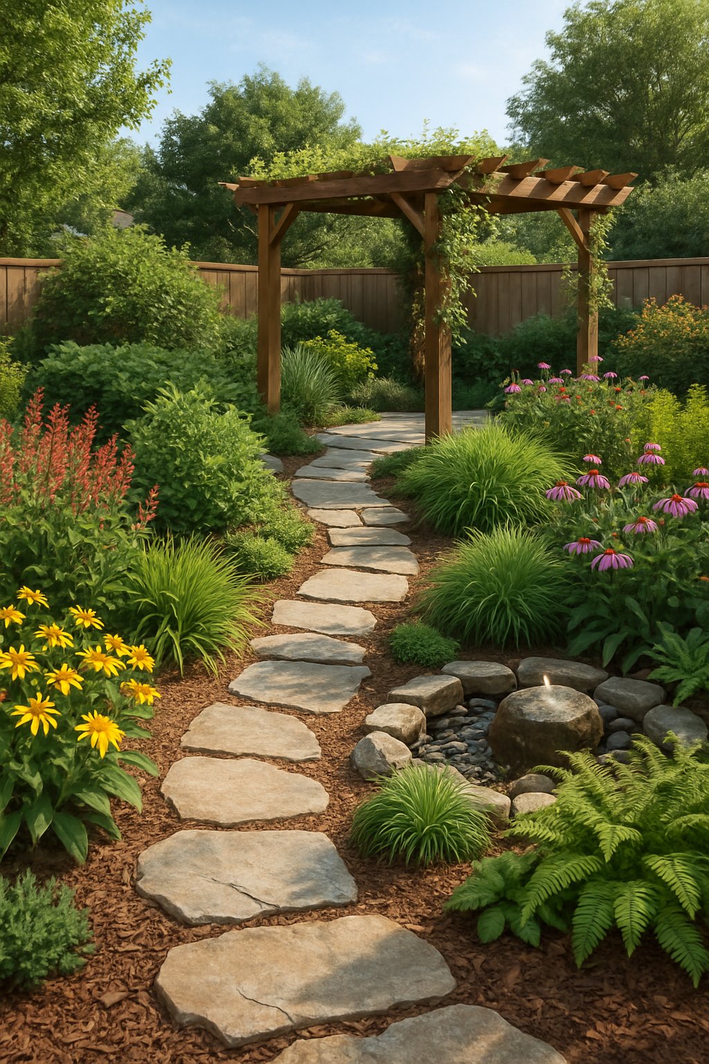 A backyard garden with native plants, a stone pathway, a wooden pergola with vines, and a small water feature surrounded by greenery.
