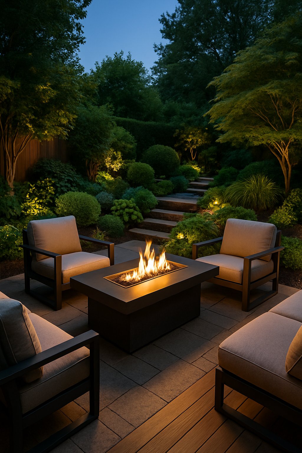 A backyard with a modern fire table surrounded by outdoor seating, lush plants, stone patio, and soft garden lighting creating a warm and inviting atmosphere.