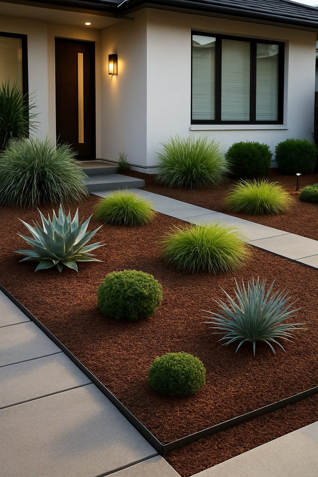 A modern front yard with smooth mulch, ornamental plants, stone pathways, and a contemporary house in the background.