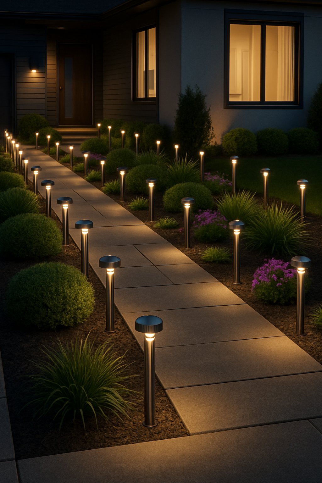 A modern front yard at twilight with 27 LED pathway lights illuminating a stone walkway surrounded by neatly trimmed shrubs and flowering plants in a contemporary garden.