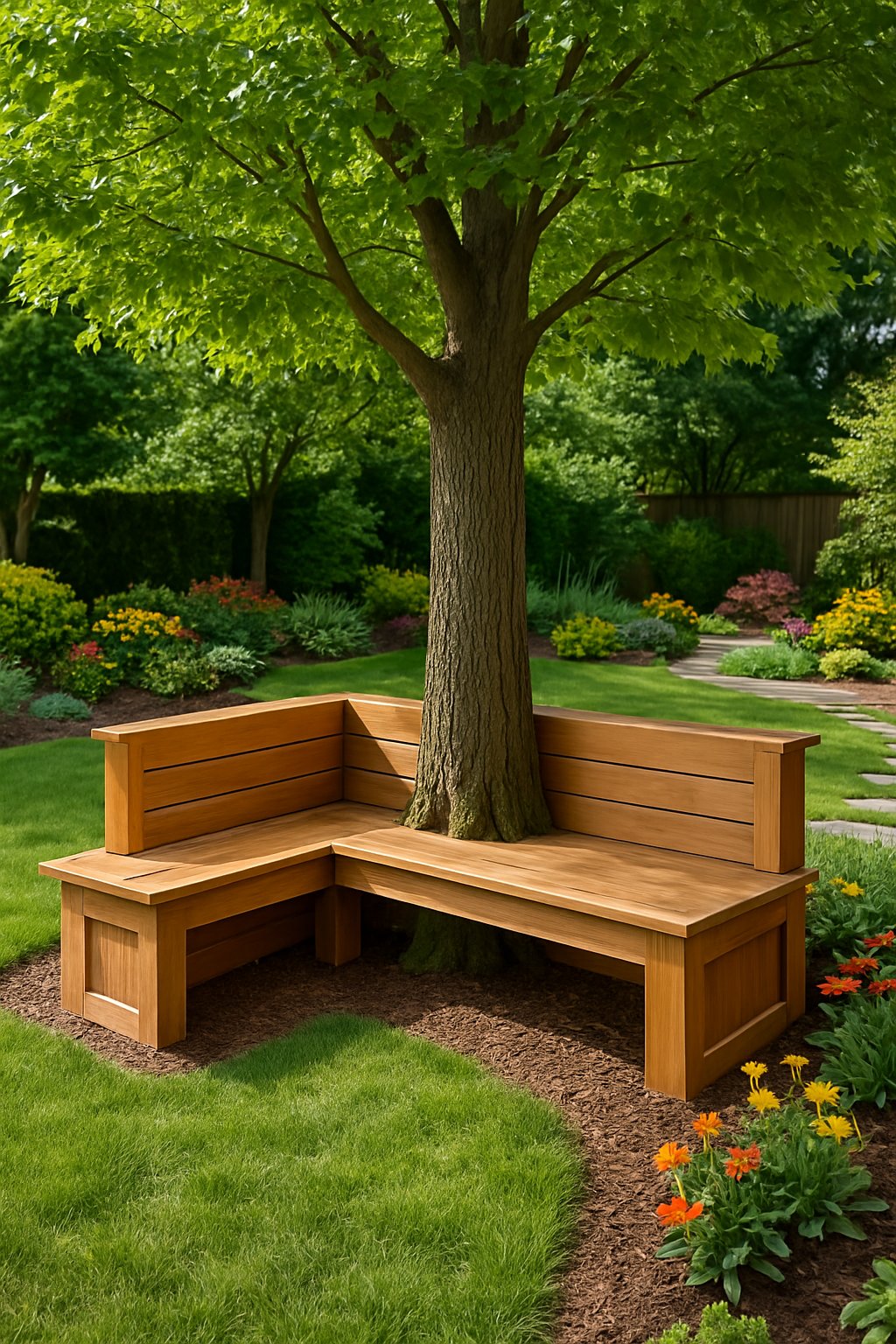 A backyard with a built-in wooden bench surrounding the base of a large tree, surrounded by grass and plants.