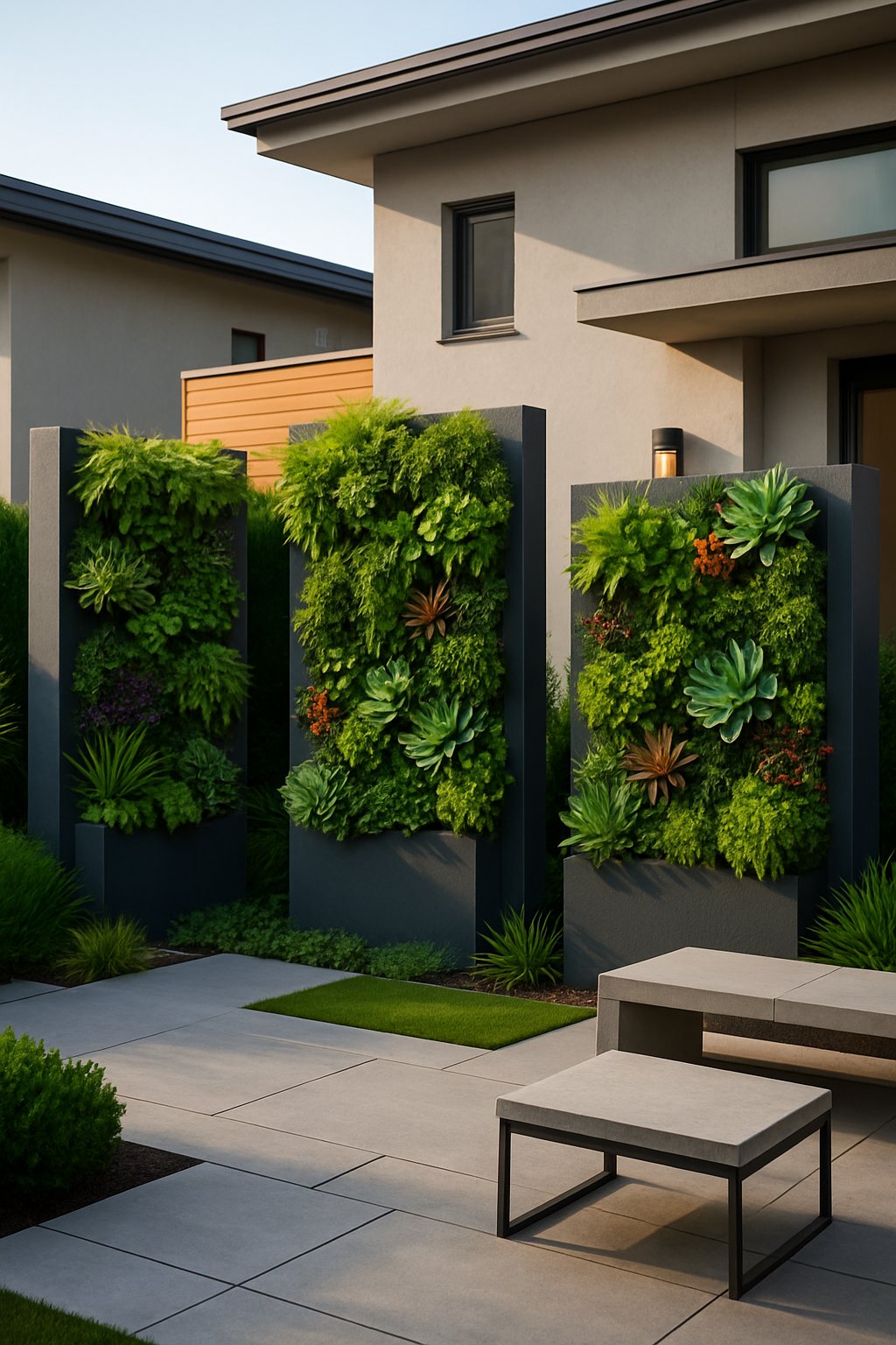 A modern front yard with vertical garden walls covered in lush green plants, stone pathways, and a contemporary house facade in the background.