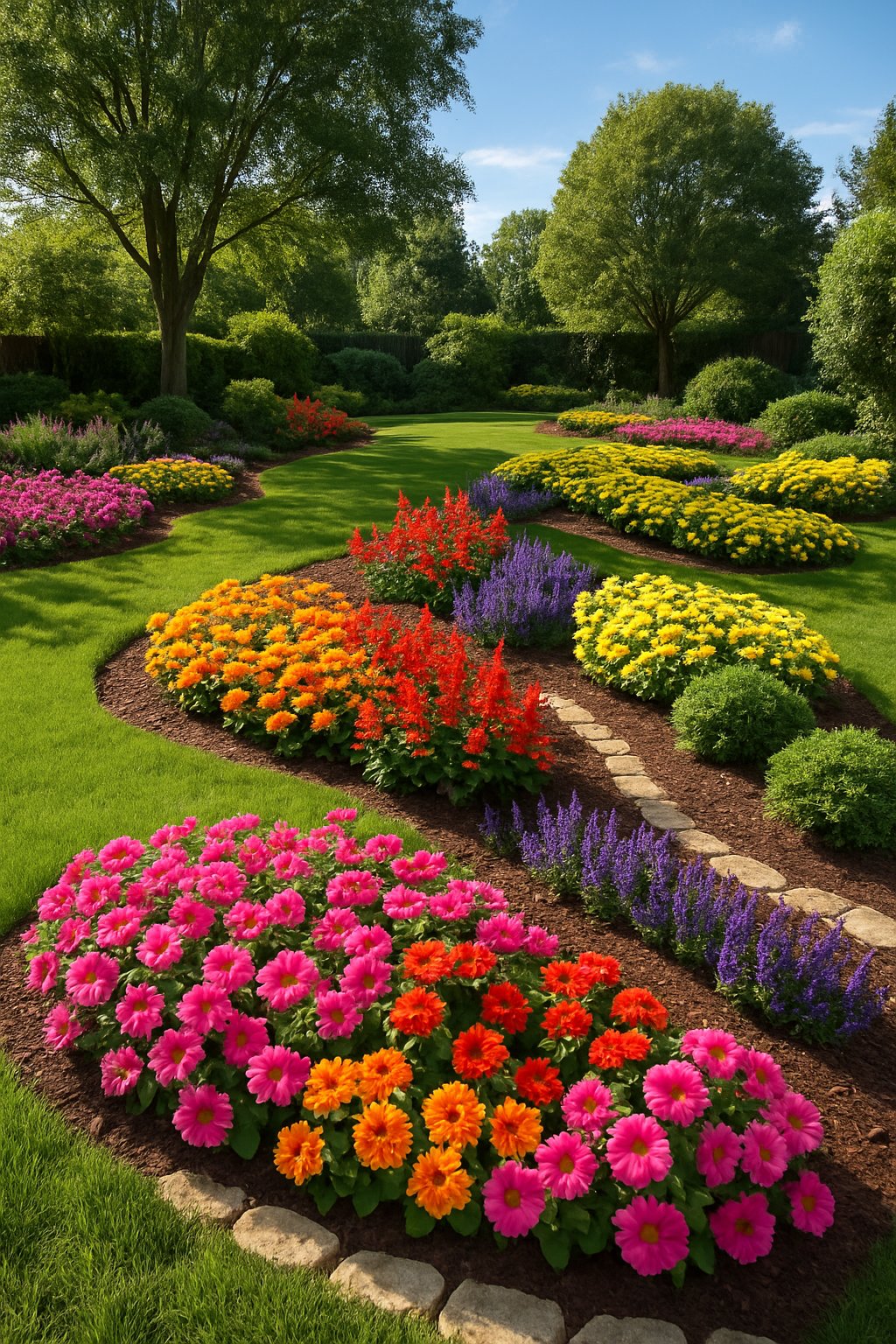 A backyard garden with colorful flower beds full of seasonal blooms, surrounded by green grass and trees under a clear sky.