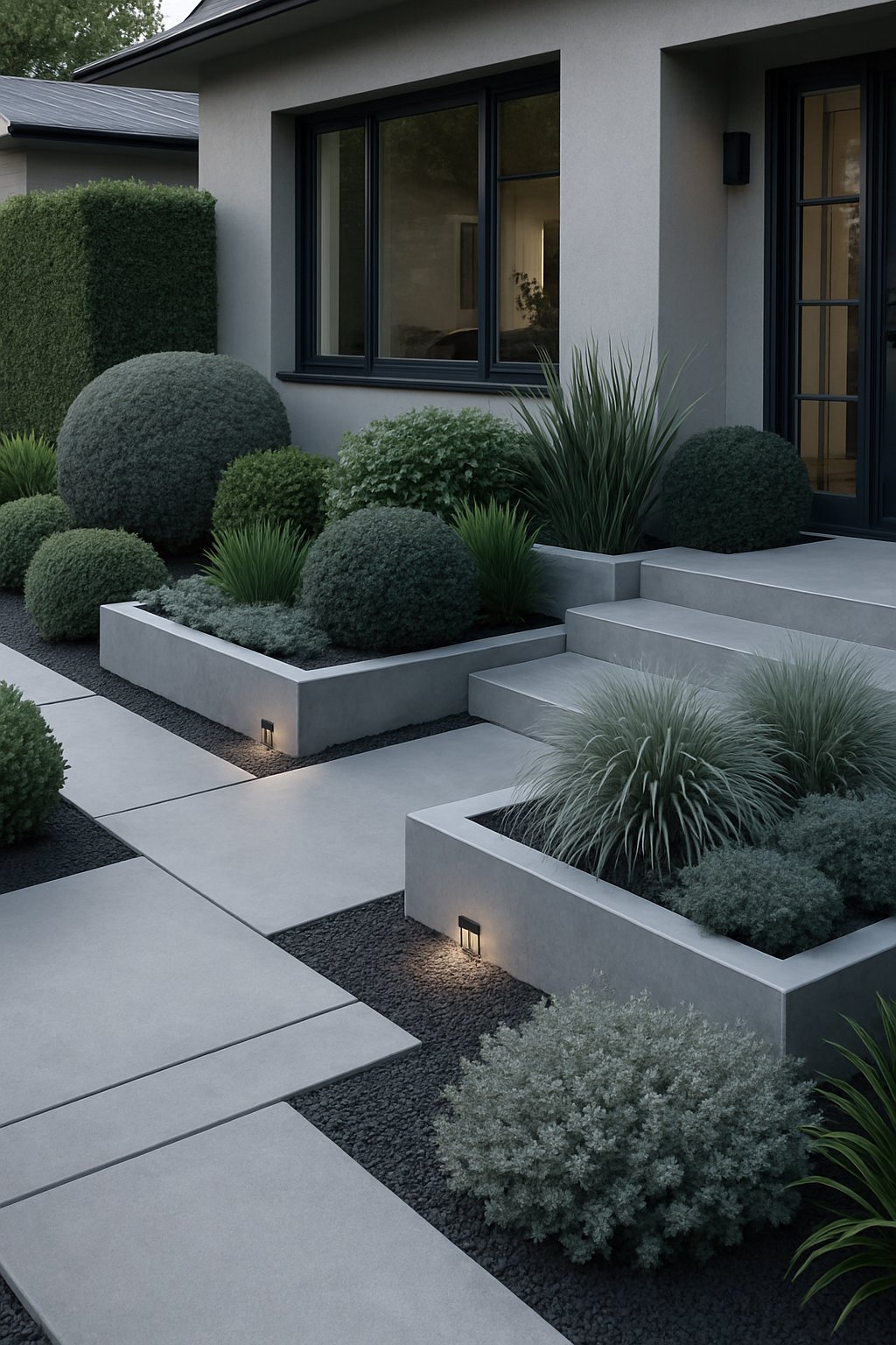 A modern front yard with neatly arranged plants and shrubs in shades of green and gray, clean concrete pathways, geometric planters, and a contemporary house in the background.