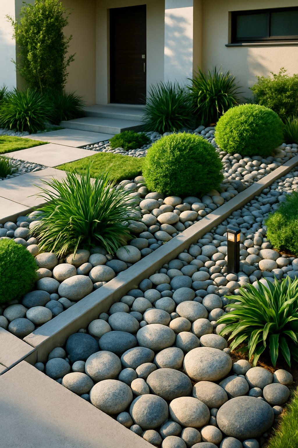 A modern front yard with smooth pebble garden accents, green plants, and clean pathways surrounded by minimalist landscaping.