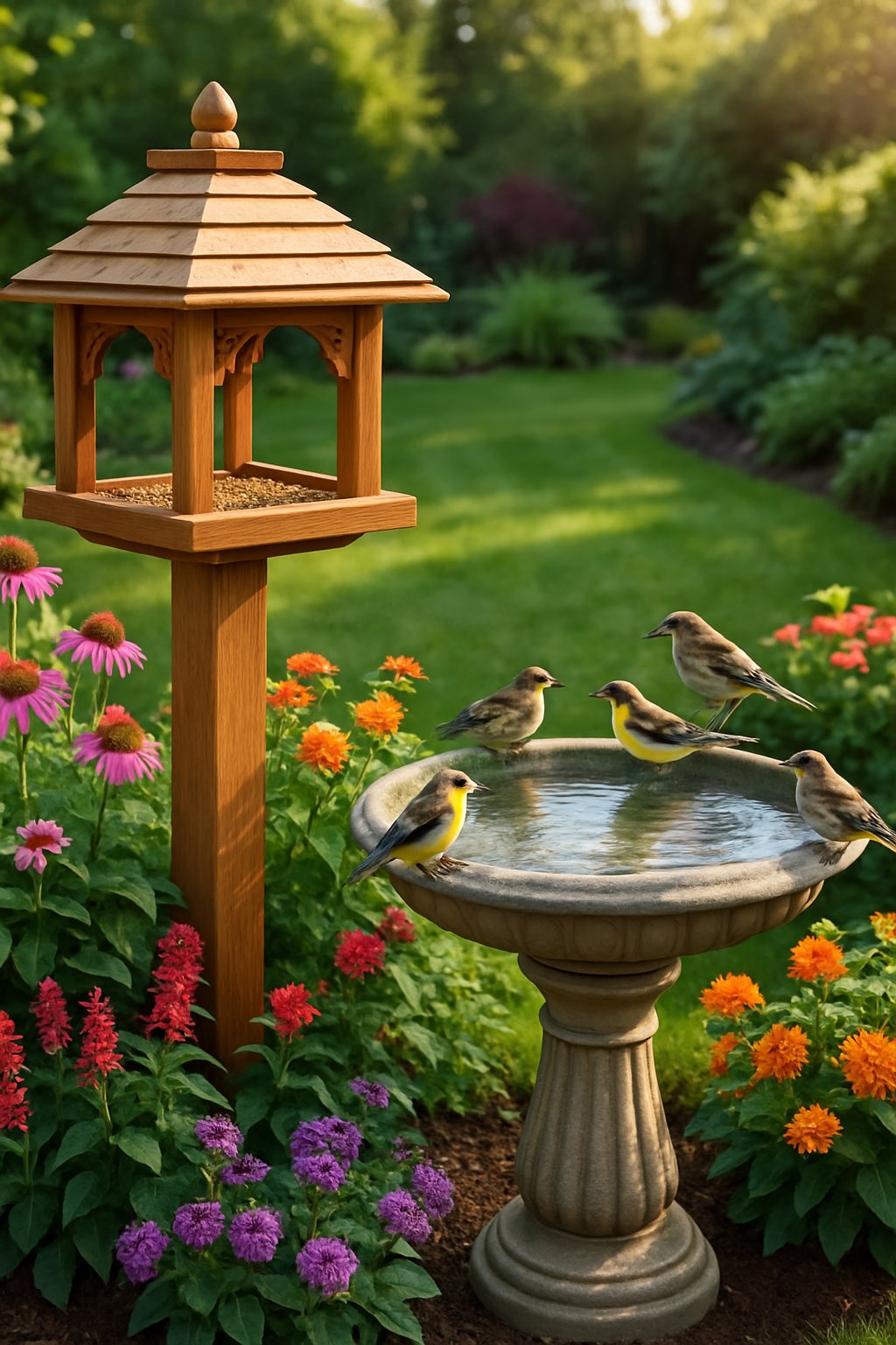 A backyard with a wooden bird feeder and a stone birdbath surrounded by flowering plants and green shrubs, with small birds perched nearby.