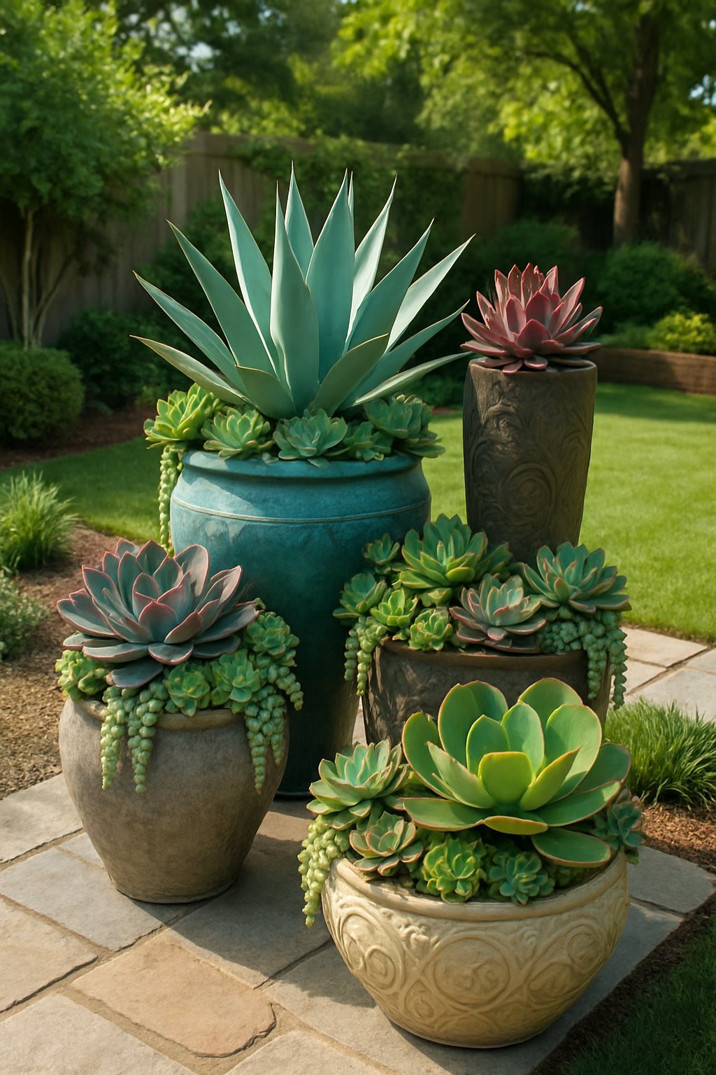Backyard patio with large decorative pots filled with various succulents arranged among natural landscaping elements.
