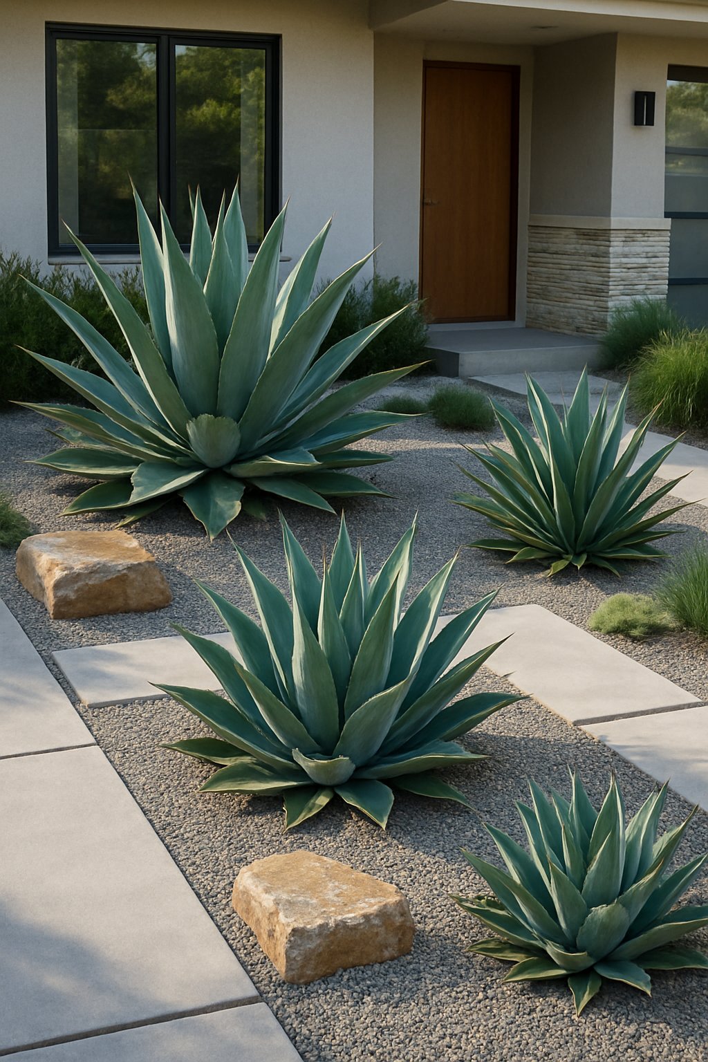 A modern front yard with architectural agave plants, concrete pathways, stone accents, and a contemporary house in the background.