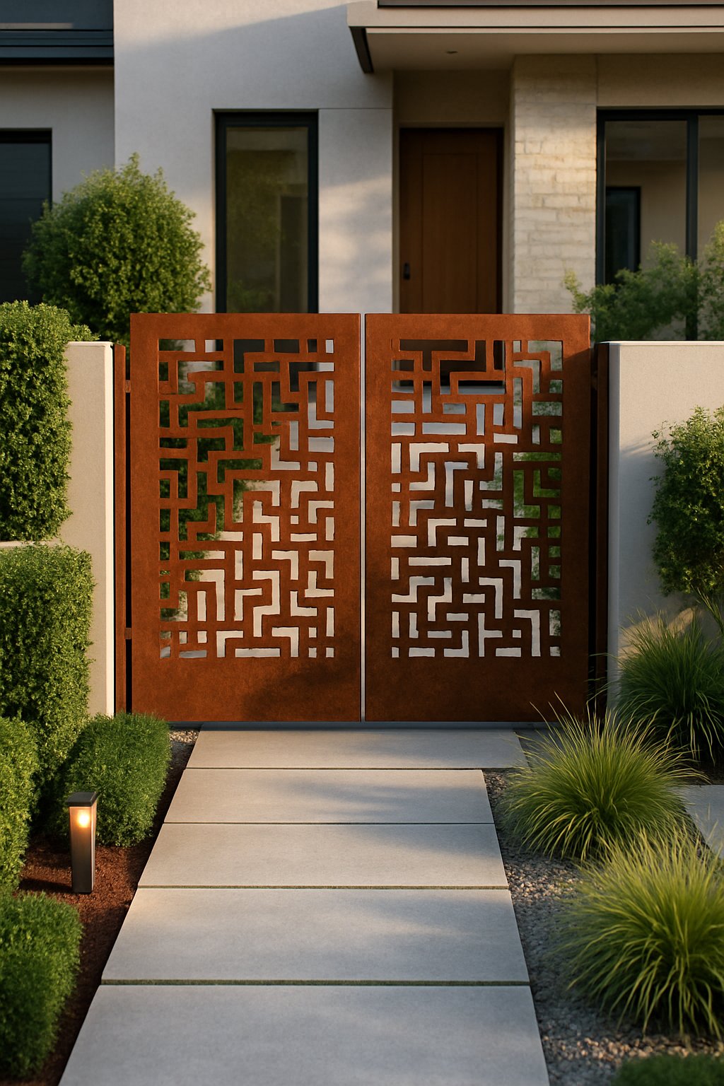 Modern front yard with decorative rust-colored steel gates, neatly trimmed plants, stone pathways, and a contemporary house in the background.