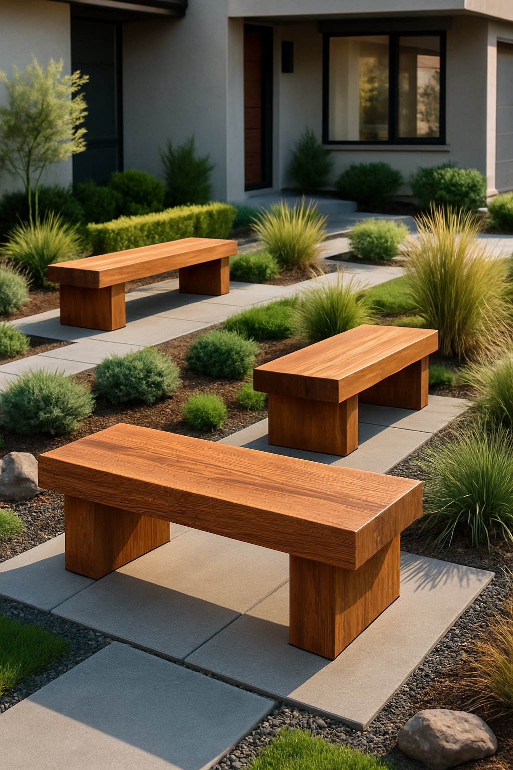 A modern front yard with natural wood benches surrounded by plants, stone pathways, and a contemporary house in the background.
