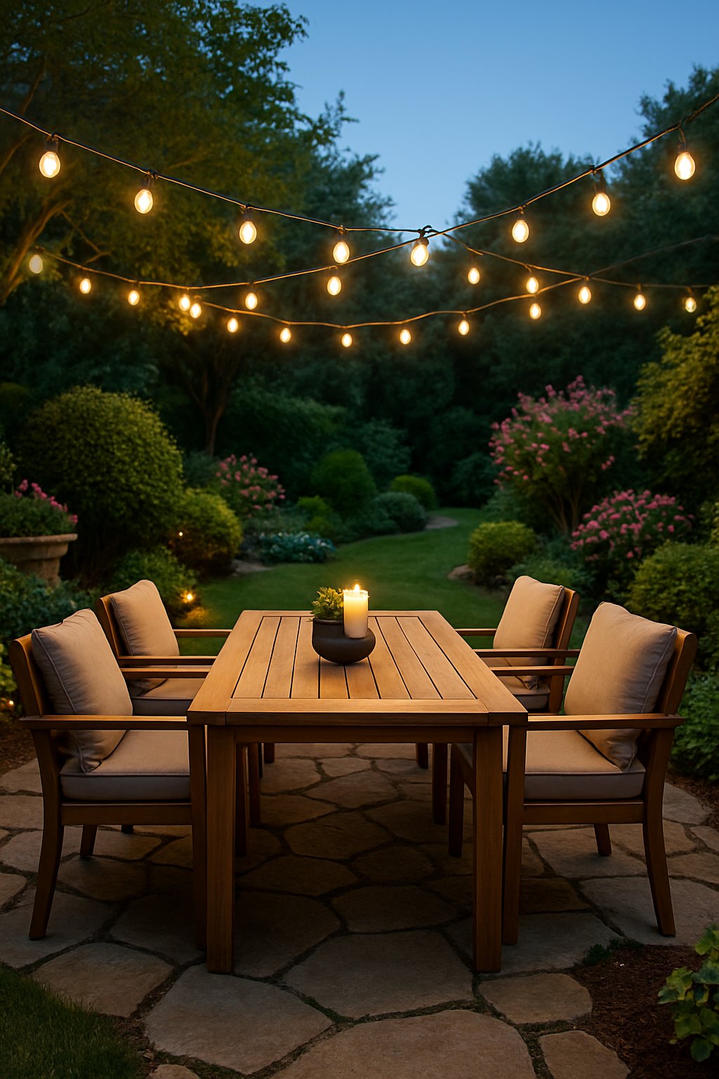A cozy outdoor dining area in a landscaped backyard with a wooden table, cushioned chairs, string lights overhead, and surrounding greenery.
