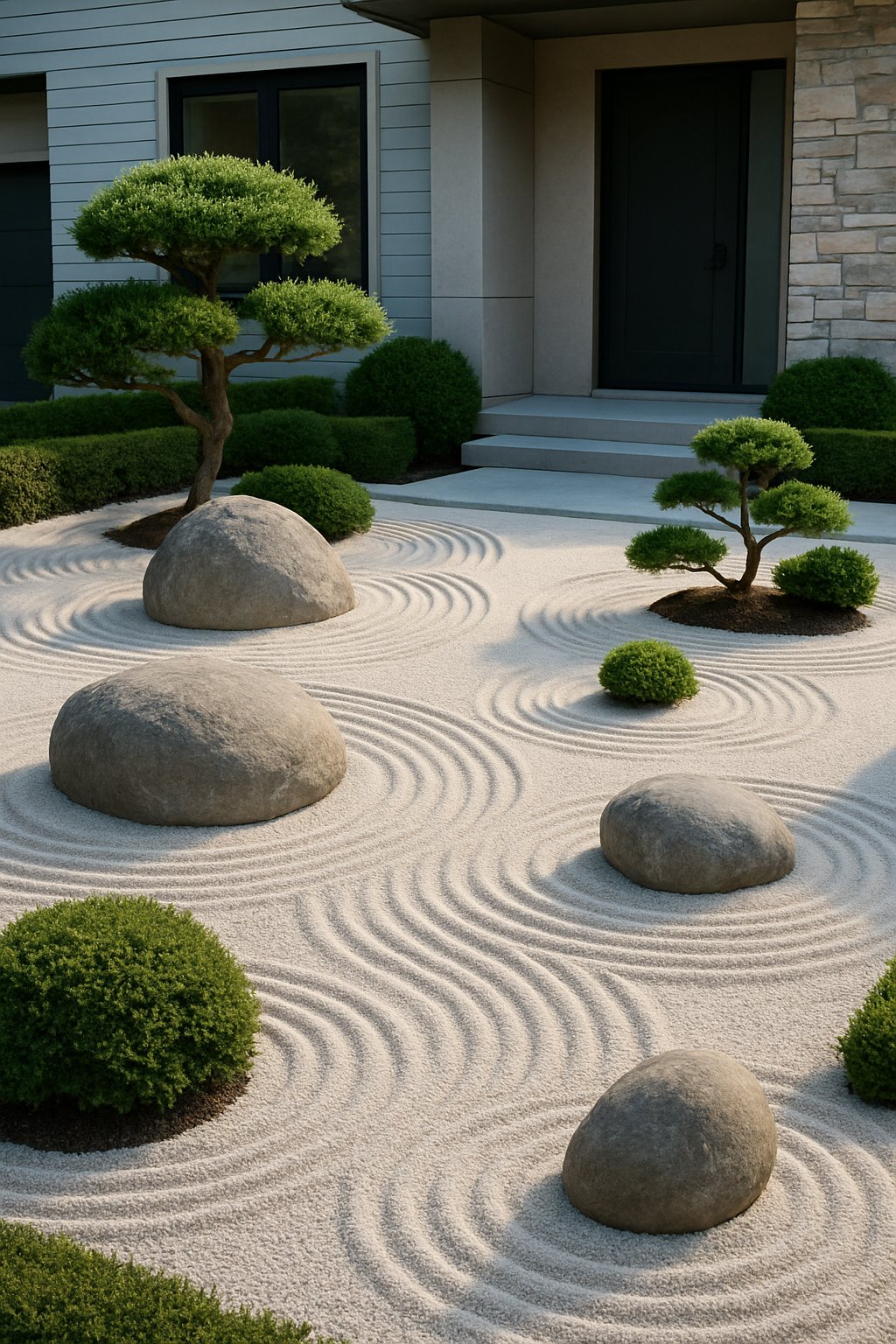 A modern front yard with a sand and stone garden featuring raked white sand, smooth stones, small bonsai trees, and trimmed shrubs in front of a contemporary house.