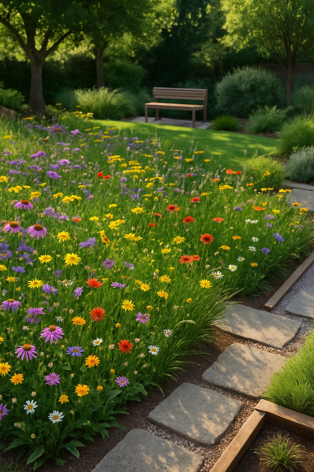 A backyard wildflower meadow with colorful flowers, tall grasses, stone pathways, and a wooden bench surrounded by trees.