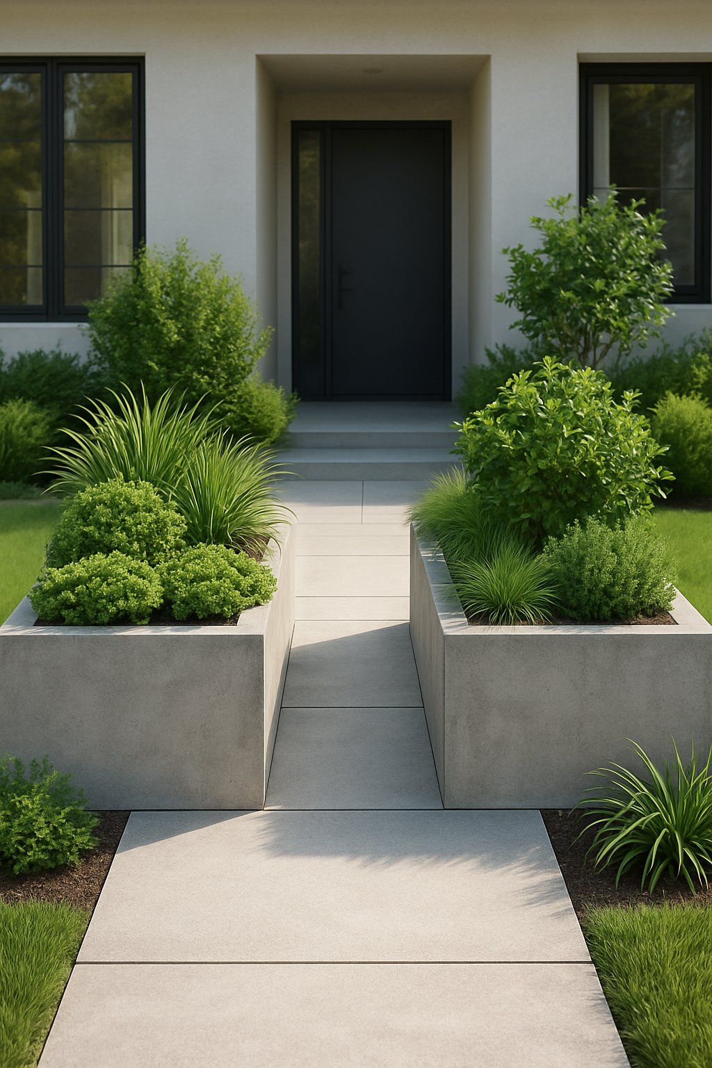 A modern front yard with symmetrical concrete planter boxes filled with green plants, flanking a paved walkway leading to a contemporary house entrance.