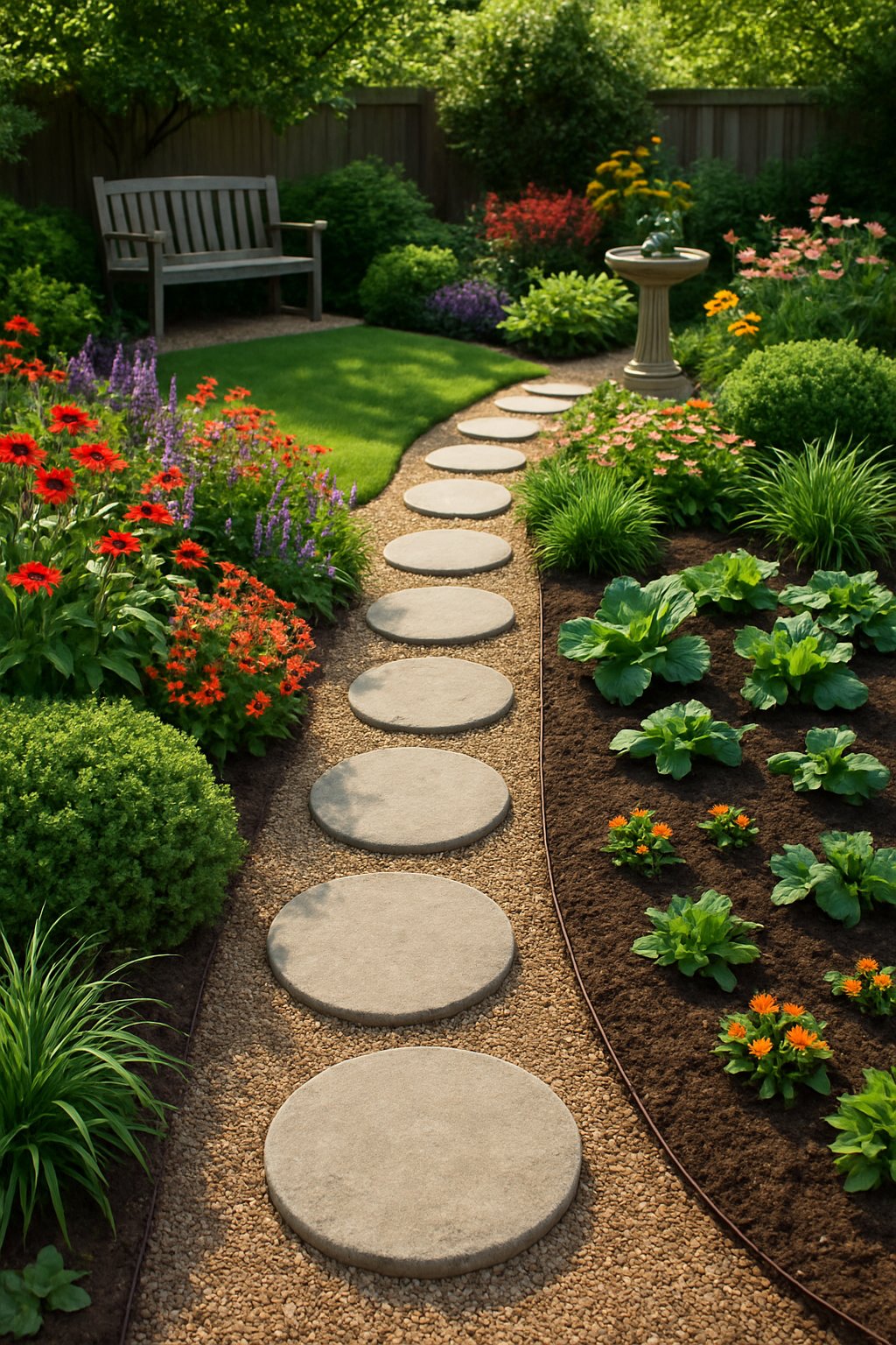 Backyard garden with stepping stones creating pathways that separate lawn, flower beds, and vegetable garden areas.