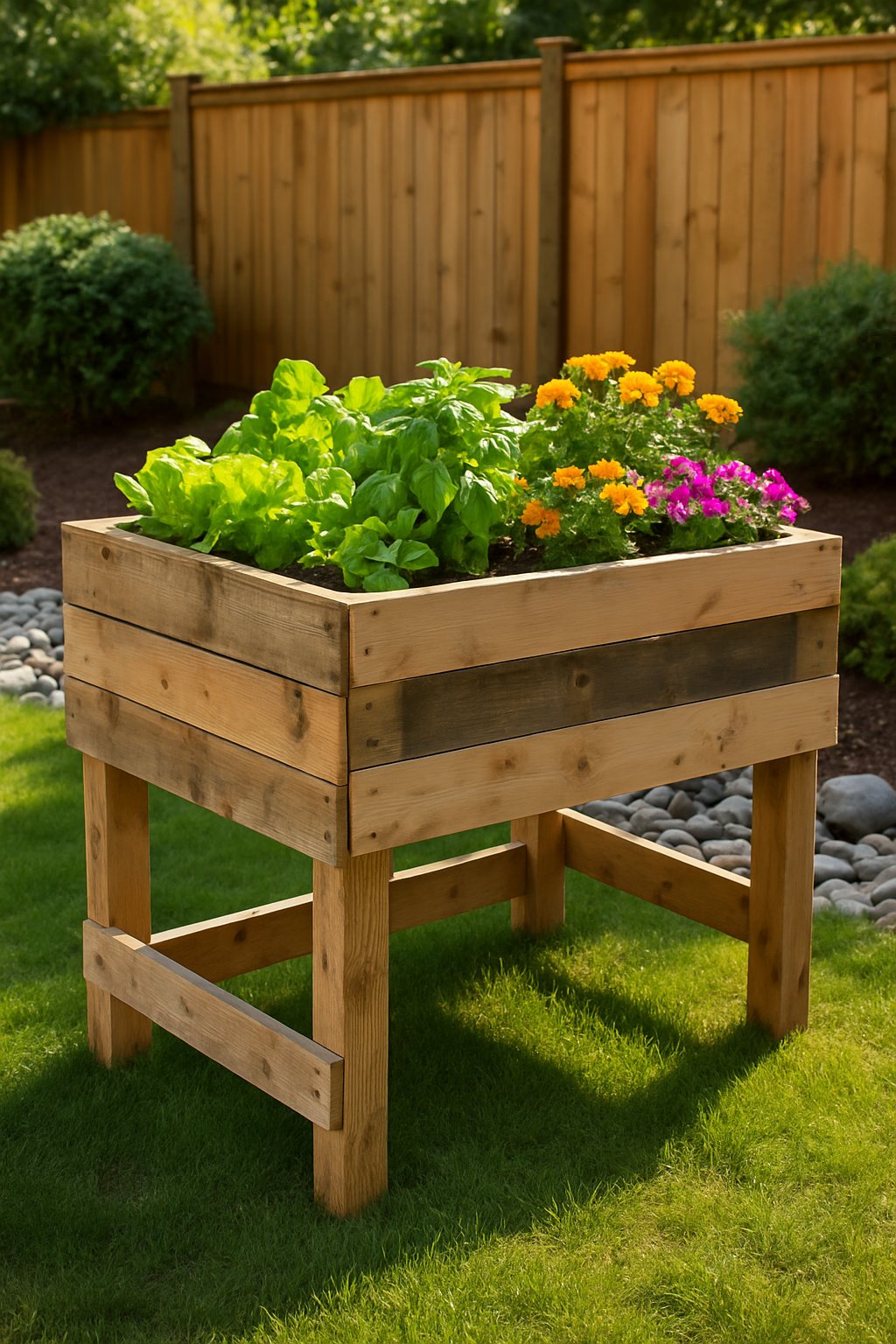 A backyard with a wooden pallet garden planter filled with green plants and flowers surrounded by landscaping elements like mulch and stones.