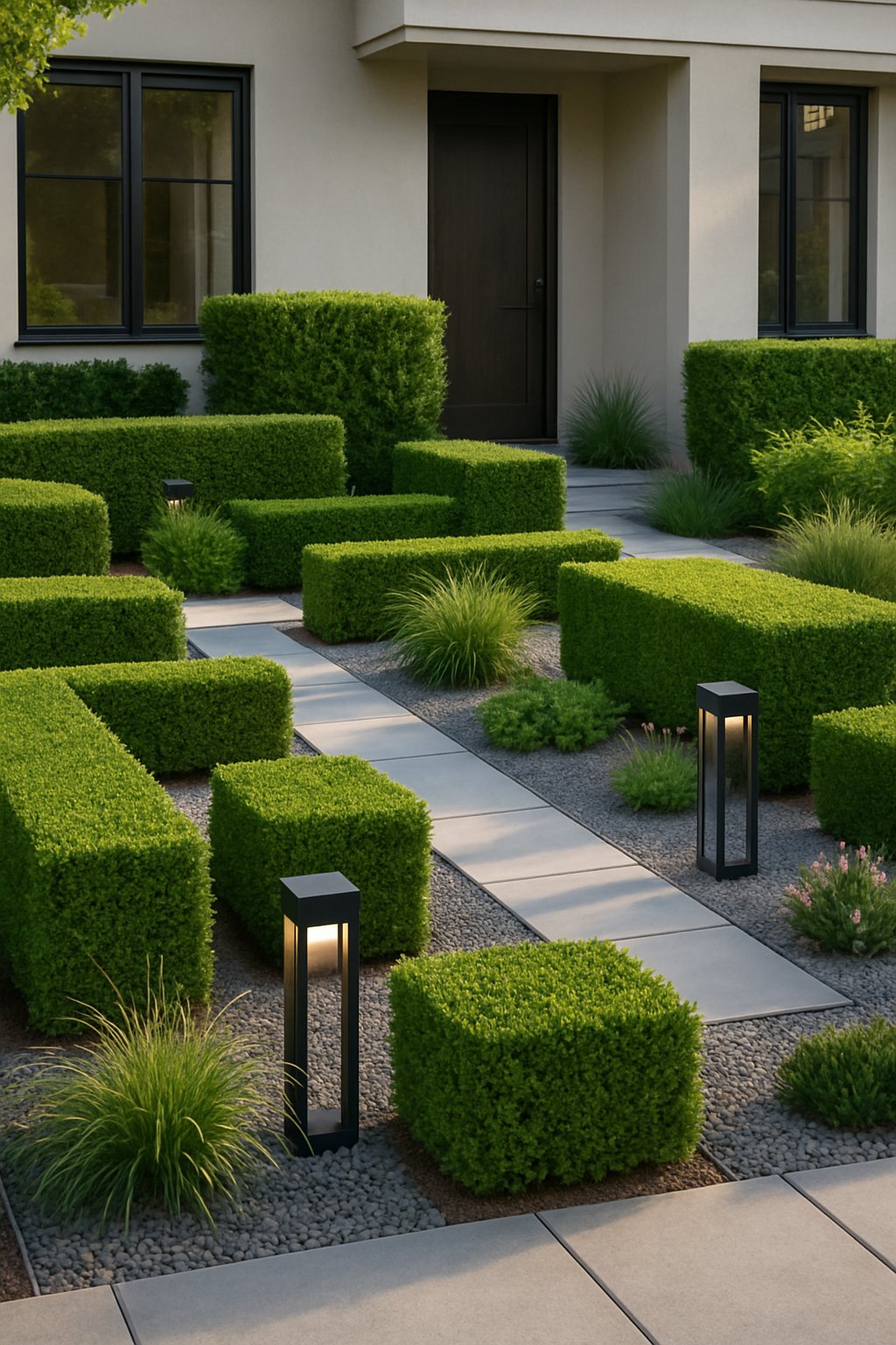 A modern front yard with low green hedges, stone pathways, ornamental plants, and a contemporary house in the background.