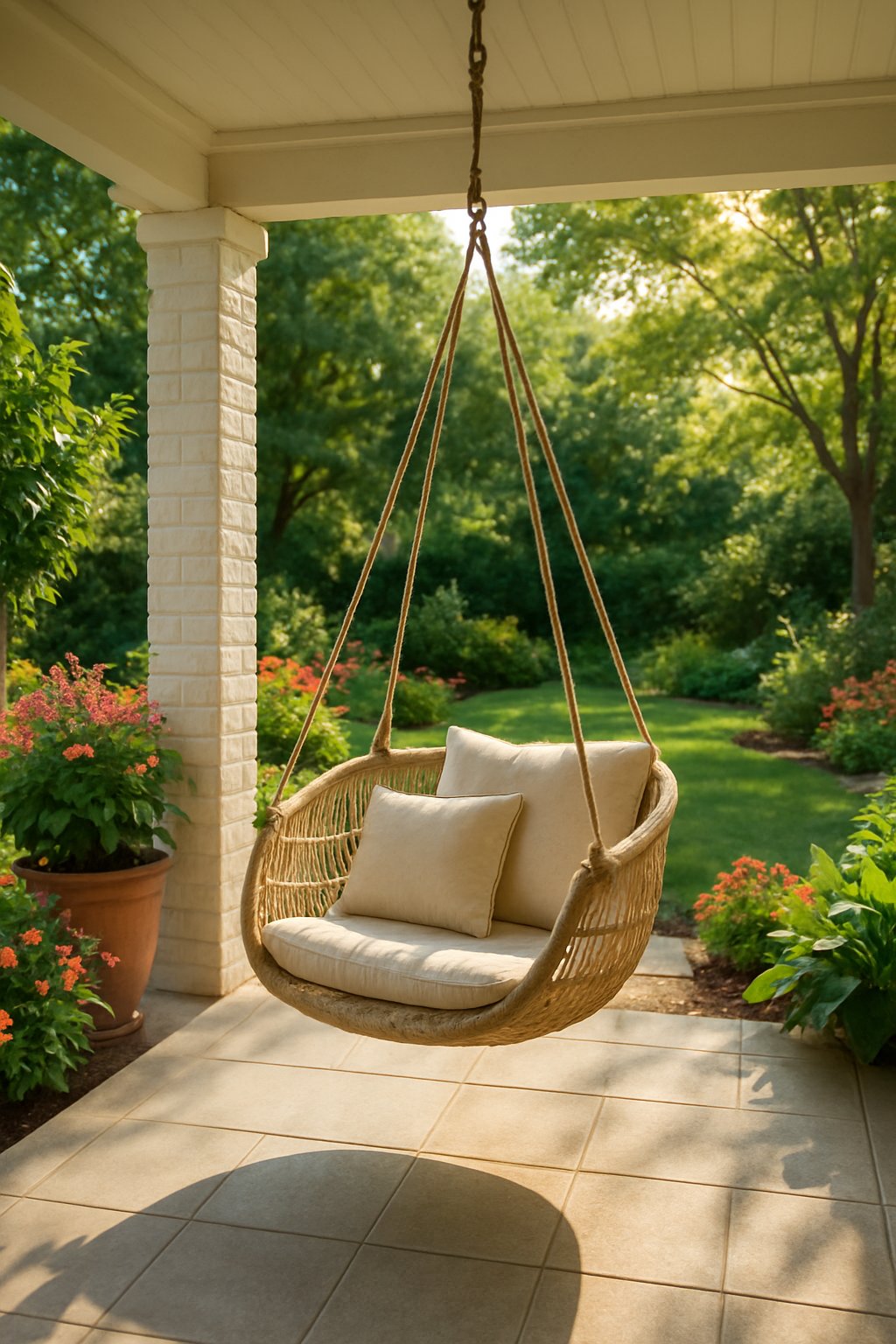 A backyard porch with a hammock chair hanging, surrounded by plants and a manicured lawn.
