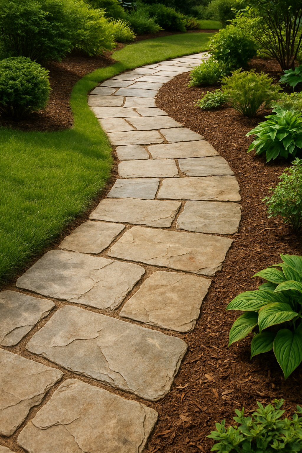 A curved flagstone pathway bordered by soft mulch runs through a front yard with green grass and various plants.