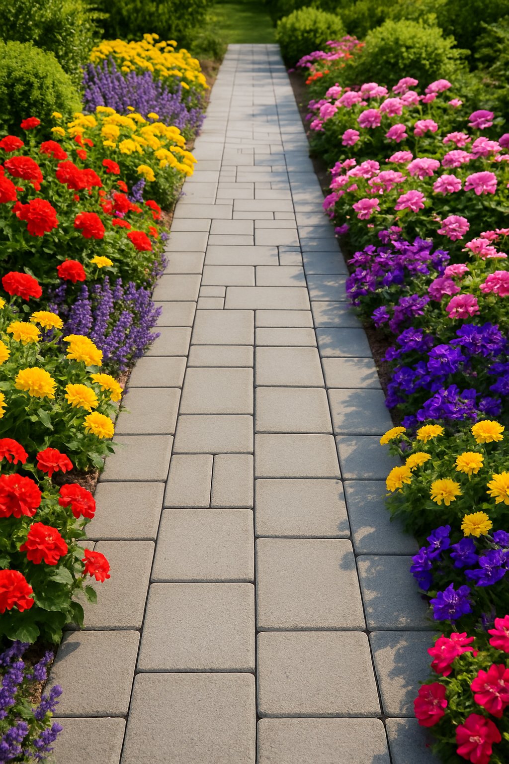A concrete paver walkway bordered by colorful flowers on both sides in a front yard garden.