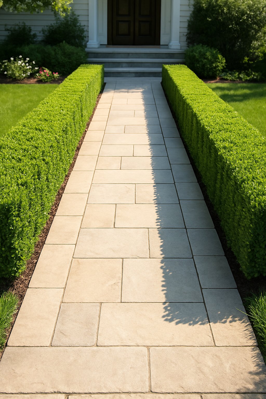 Front walkway lined with low, neatly trimmed boxwood hedges on both sides leading to a house entrance.