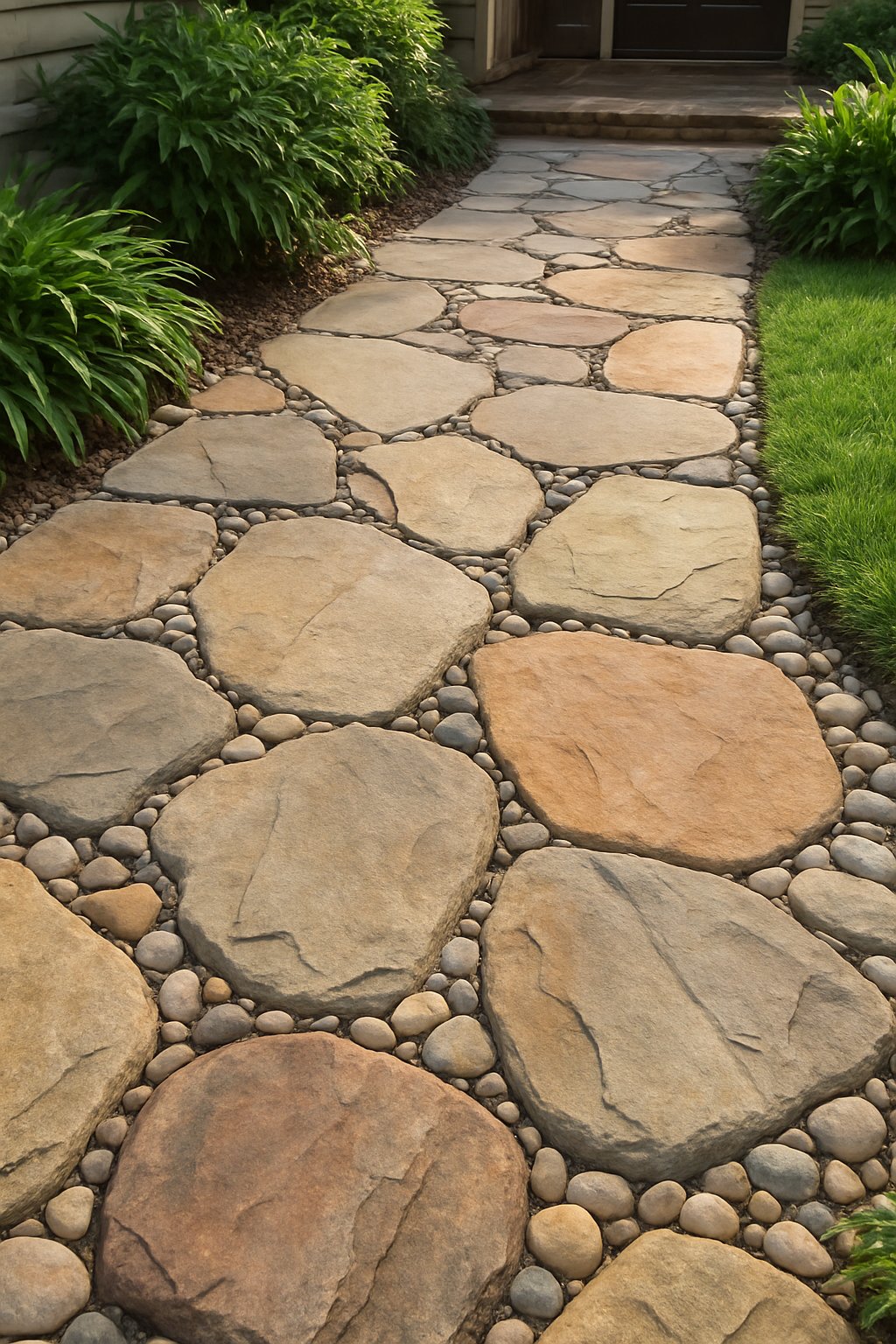 A front walkway with irregular stone pavers and river rock filler surrounded by green plants and grass.