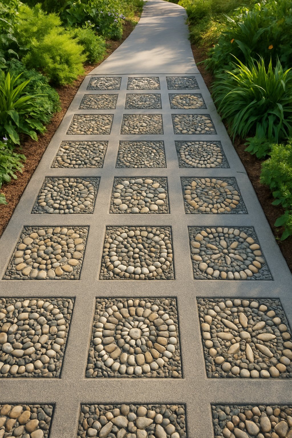A front walkway with 25 different pebble mosaic designs embedded in concrete, surrounded by green plants and landscaping.