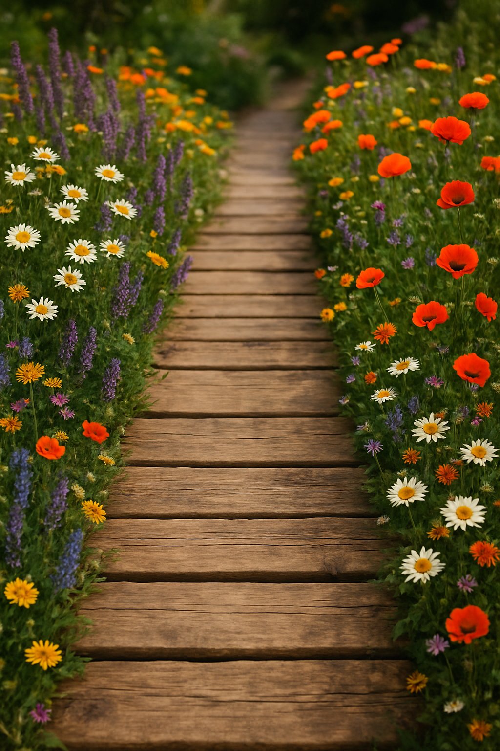 A rustic wooden plank walkway bordered by colorful wildflowers on both sides, leading through a garden.