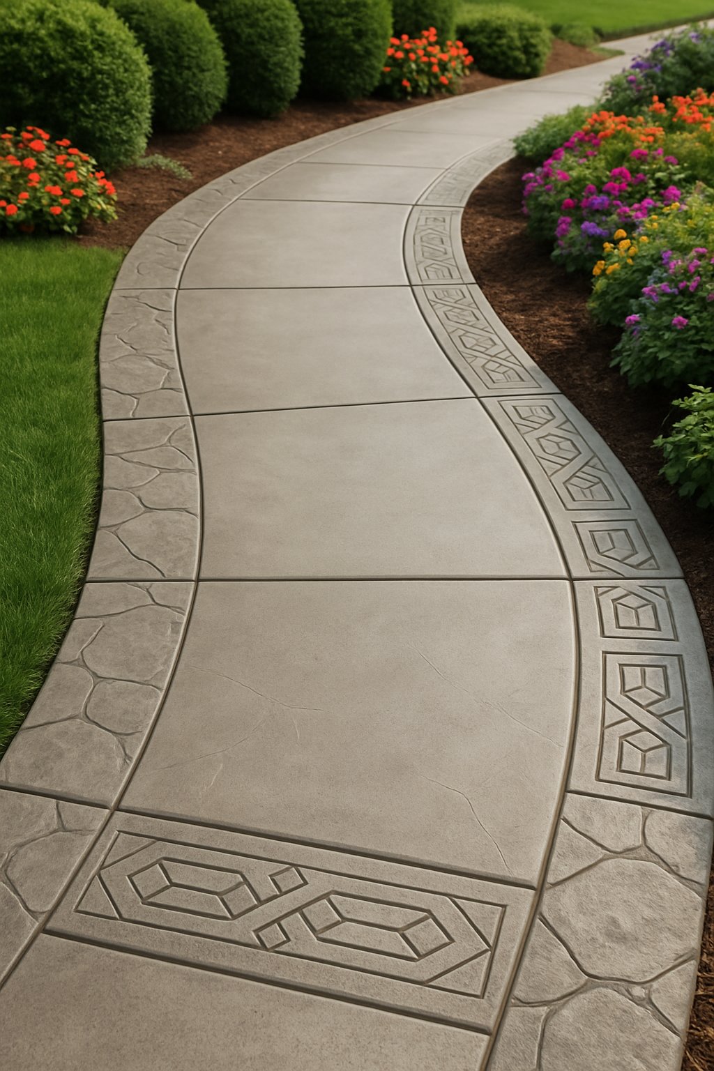 A smooth poured concrete front walkway with stamped designs surrounded by green grass, shrubs, and colorful flowers in a landscaped yard.