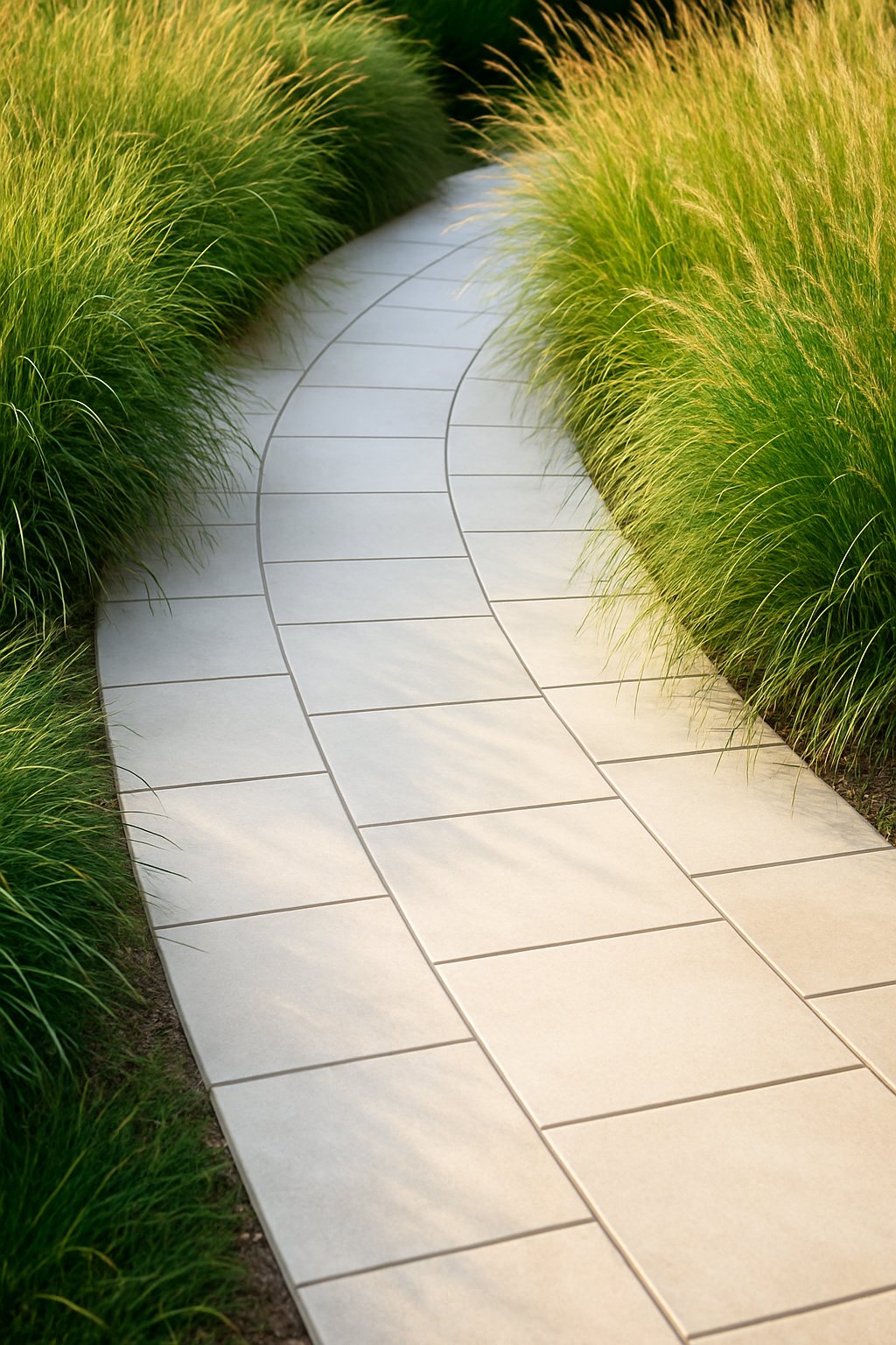 Curved tile walkway bordered by tall ornamental grasses in a front yard landscaping setting.