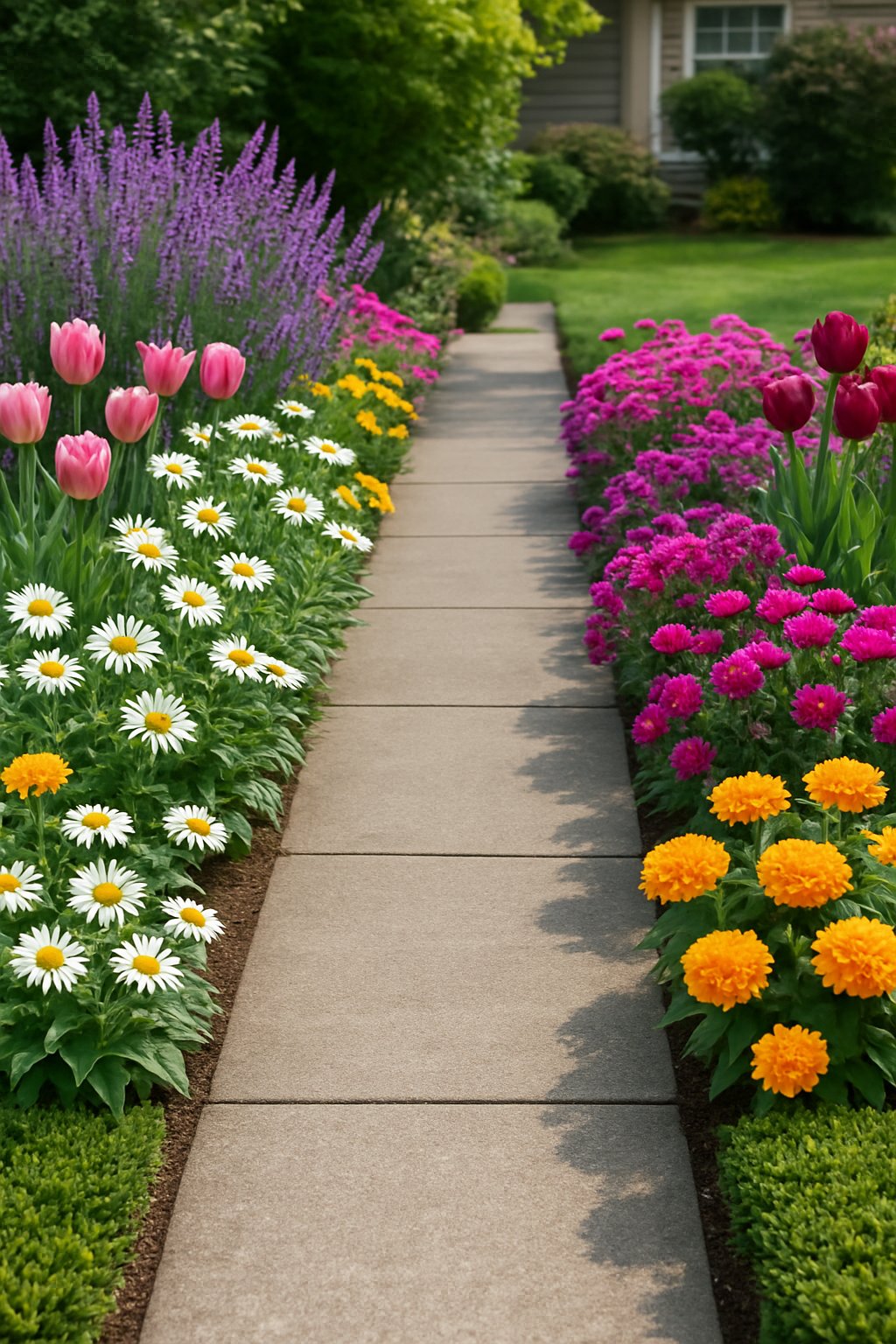 A front yard walkway bordered by colorful seasonal flowers in full bloom on both sides, leading through a neatly maintained garden path.