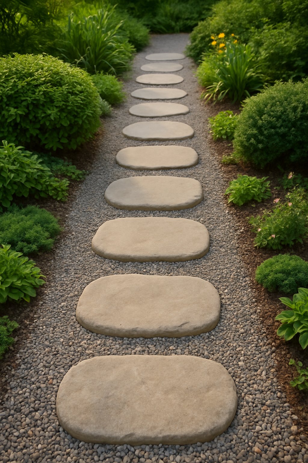 A simple gravel path with stepping stones surrounded by green plants and small shrubs in a front yard garden.