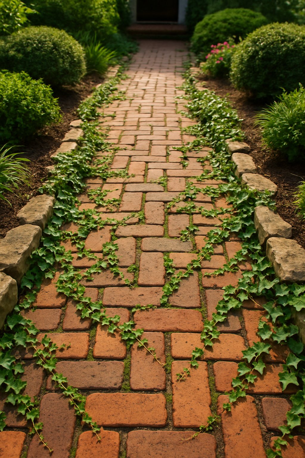 A front walkway made of clay bricks with ivy growing along the edges, surrounded by green plants and small bushes.