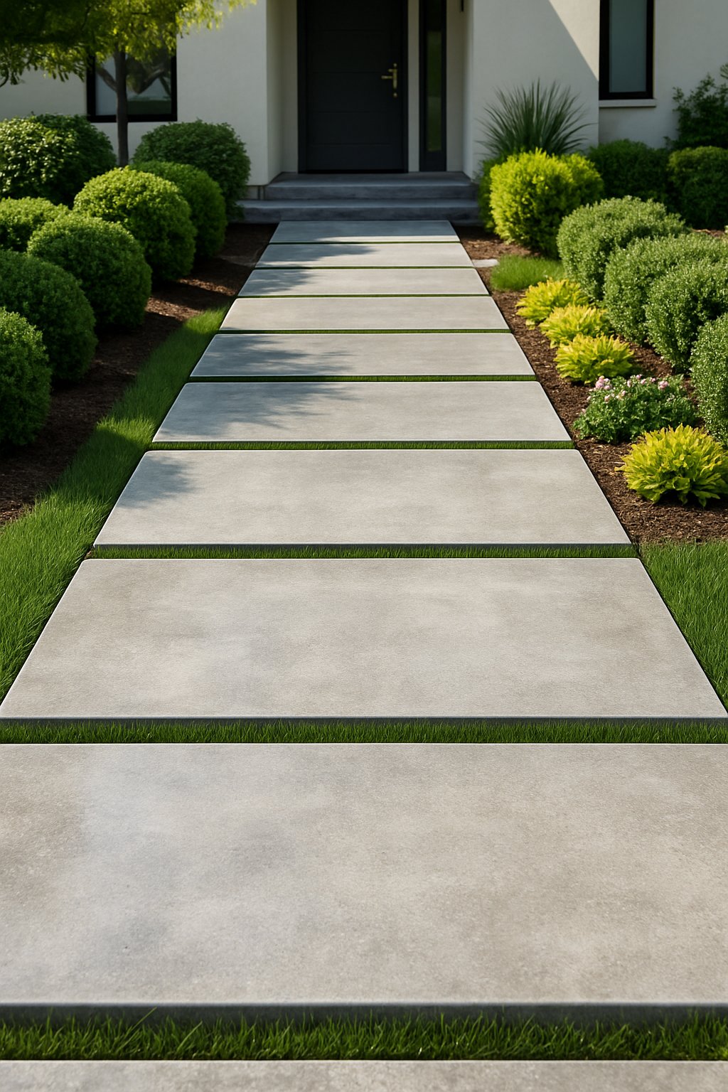 A front walkway made of polished concrete slabs separated by narrow grass joints, surrounded by green plants and shrubs leading to a modern house entrance.