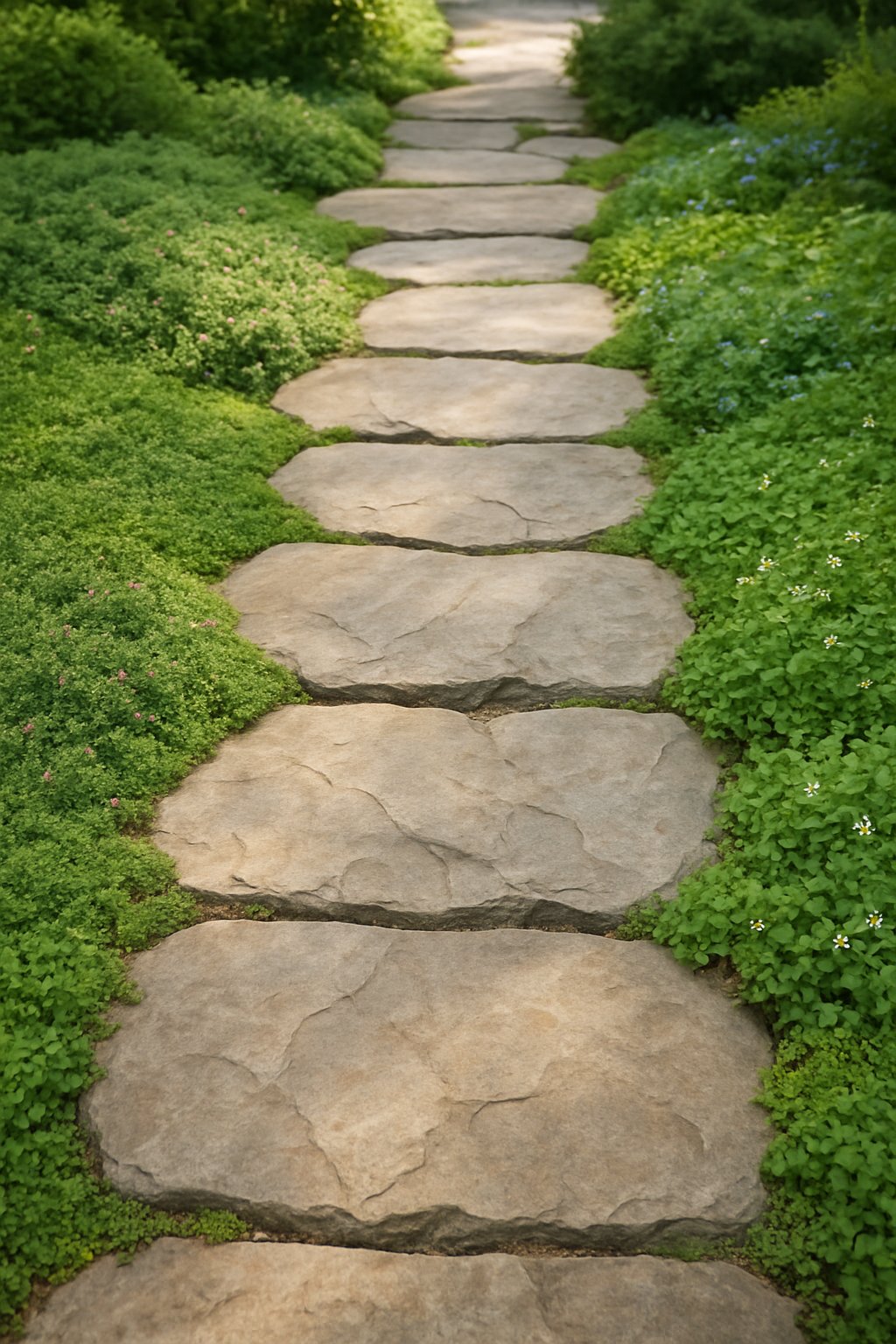 A natural stone pathway surrounded by low-growing green groundcovers in a front garden.