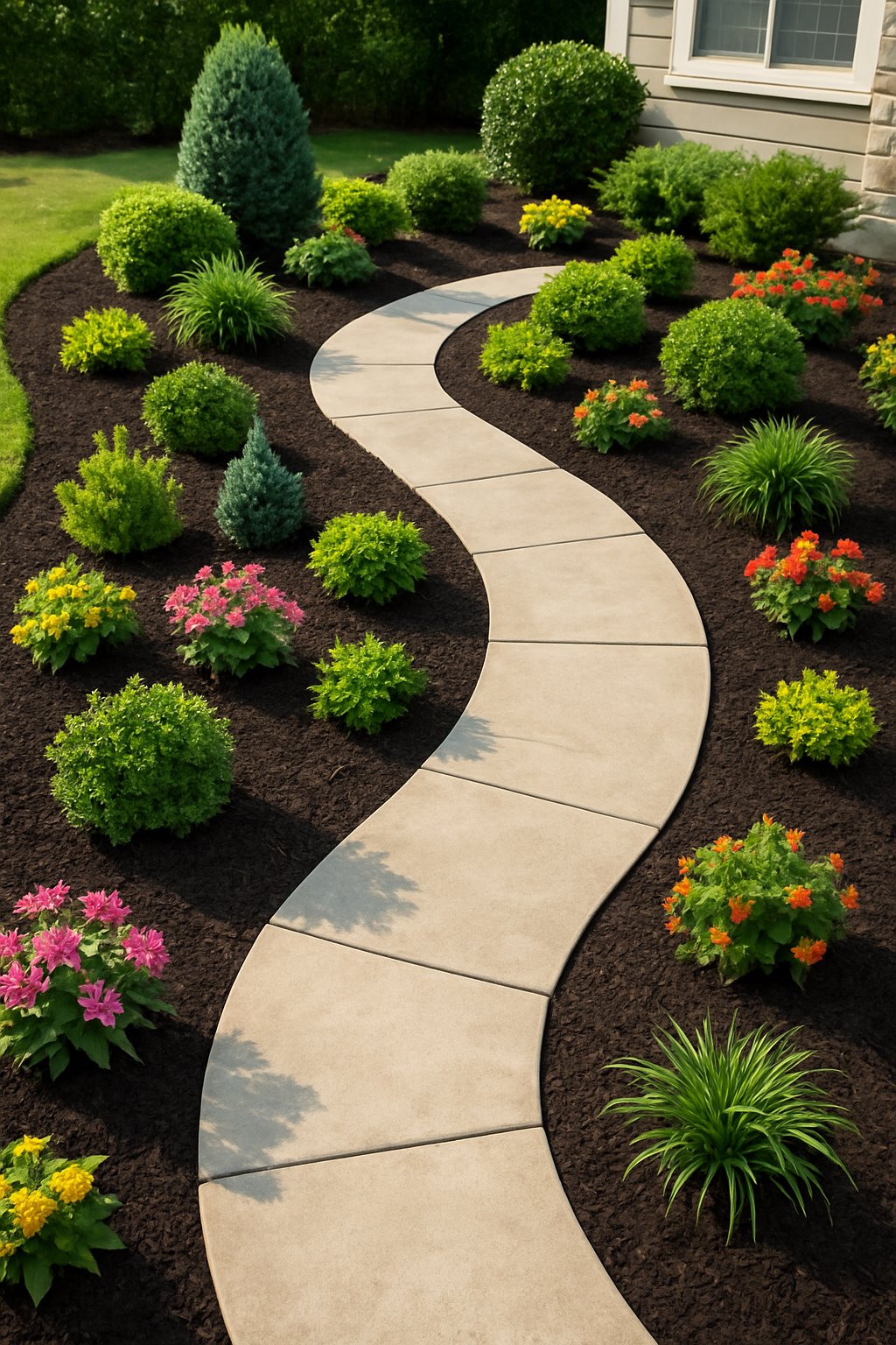 A front yard with a curvy stone walkway bordered by dark mulch and various green plants and flowers.